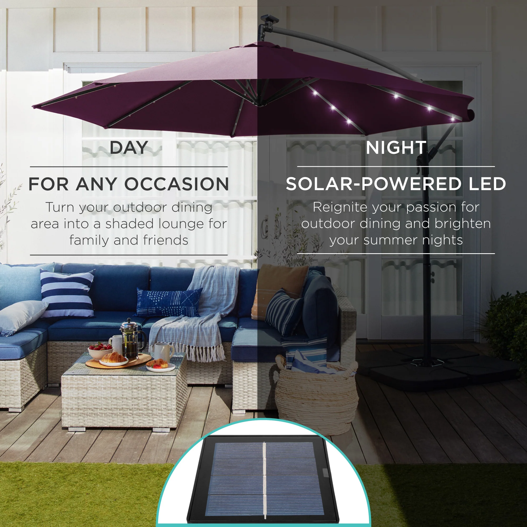Solar LED Offset Hanging Patio Umbrella w/ Crank Tilt Adjustment - 10ft - Image 156