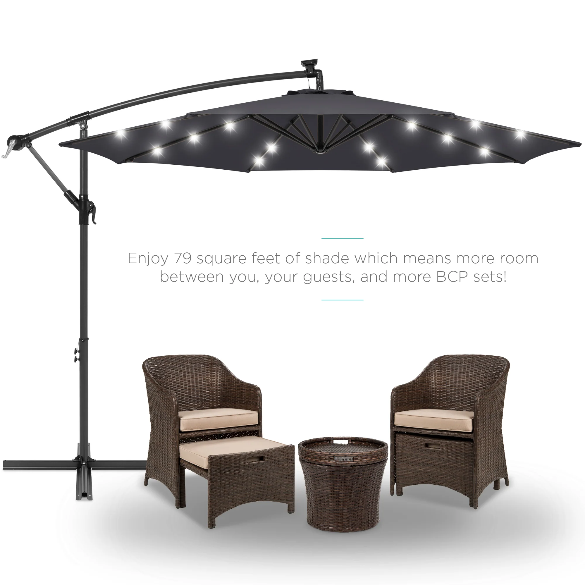 Solar LED Offset Hanging Patio Umbrella w/ Crank Tilt Adjustment - 10ft - Image 16