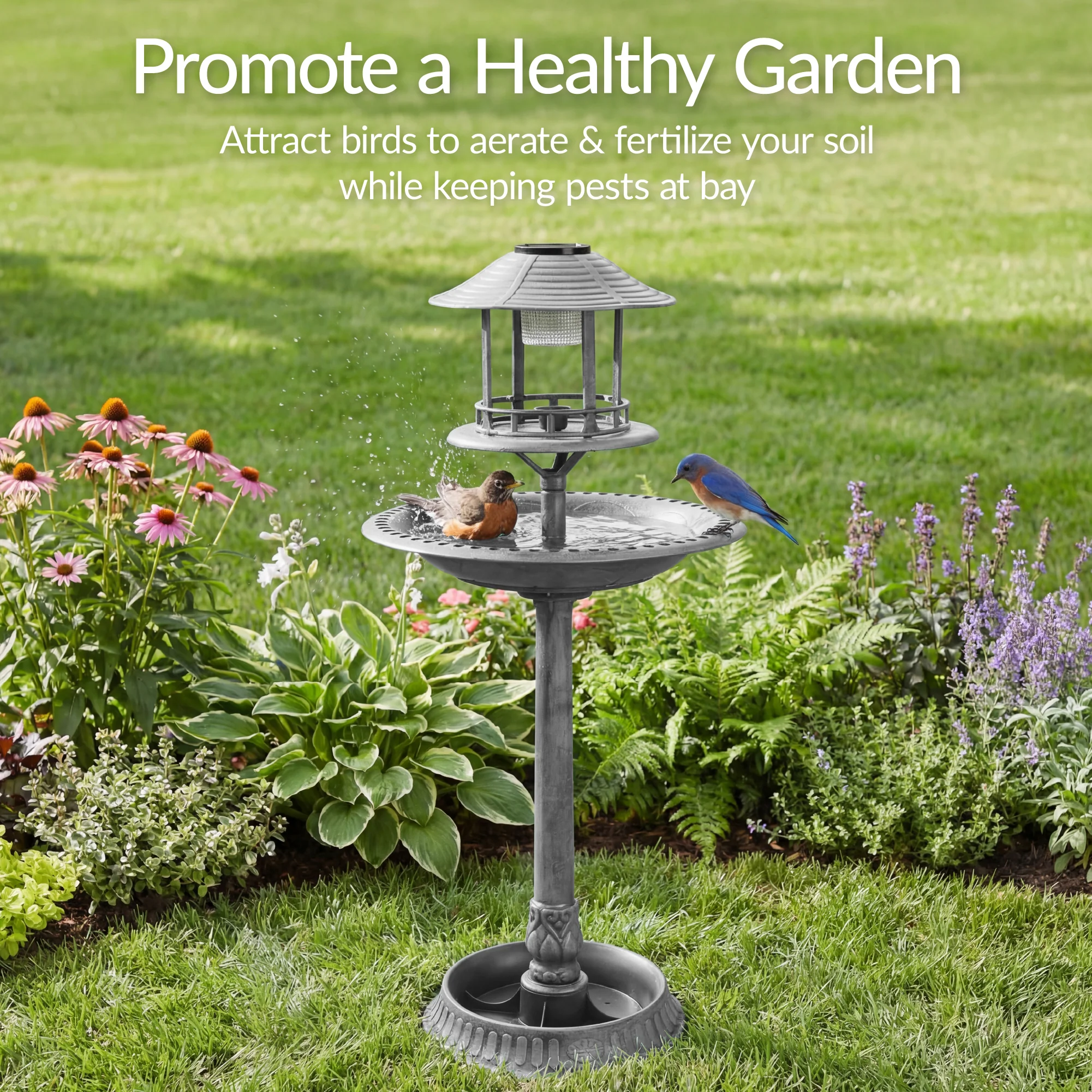 Solar Lighted Outdoor Pedestal Bird Bath w/ Planter, Decorative Bird Cage - Image 14