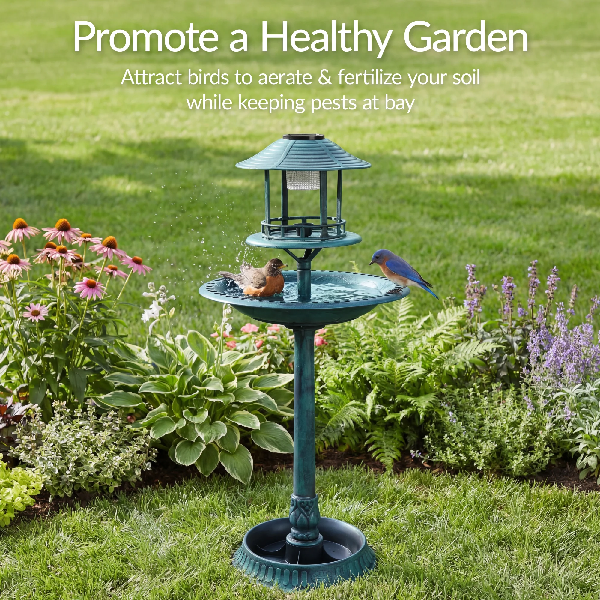 Solar Lighted Outdoor Pedestal Bird Bath w/ Planter, Decorative Bird Cage - Image 35