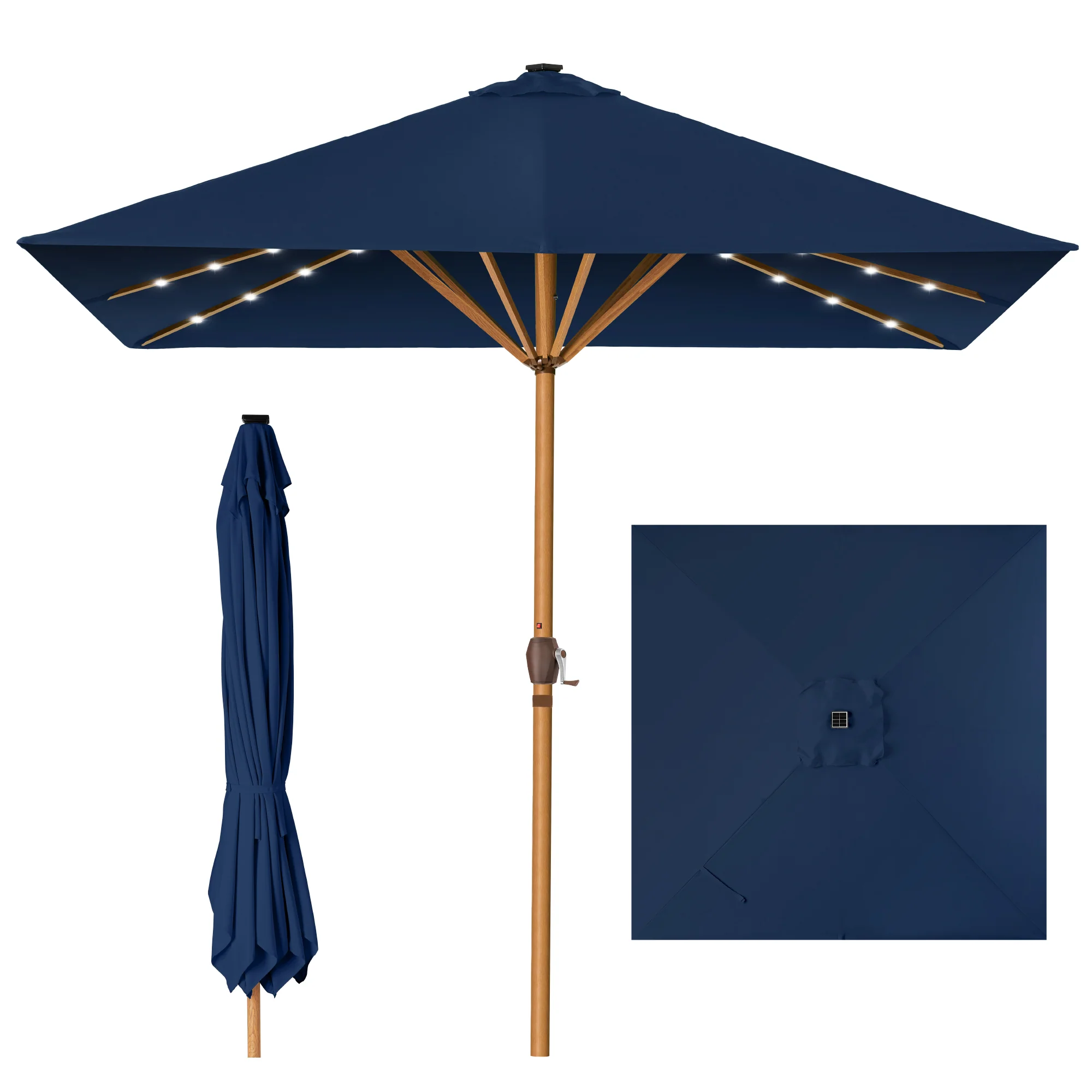 Square Solar LED Lighted Patio Umbrella w/ Woodgrain Pattern - 9ft - Image 29