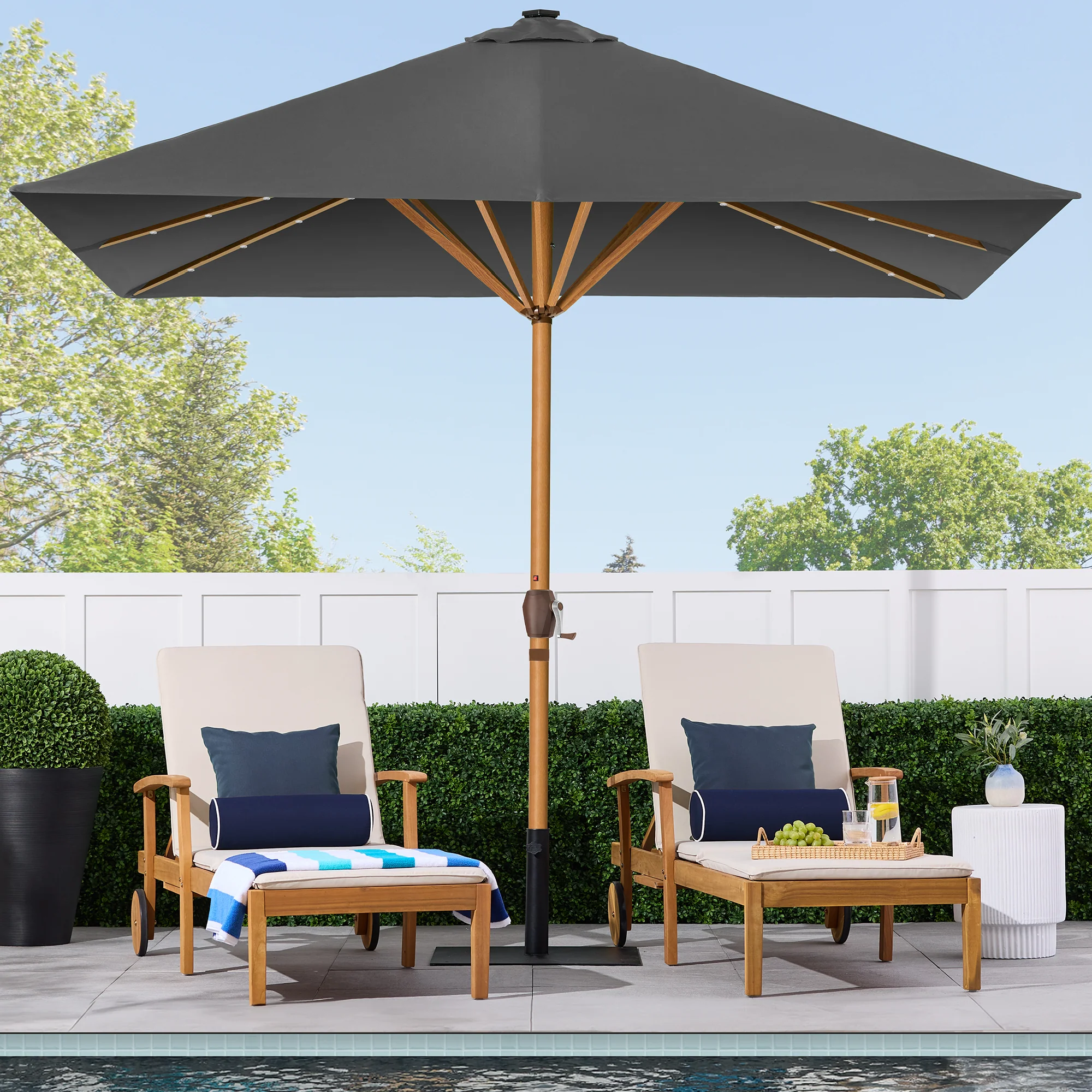 Square Solar LED Lighted Patio Umbrella w/ Woodgrain Pattern - 9ft - Image 38