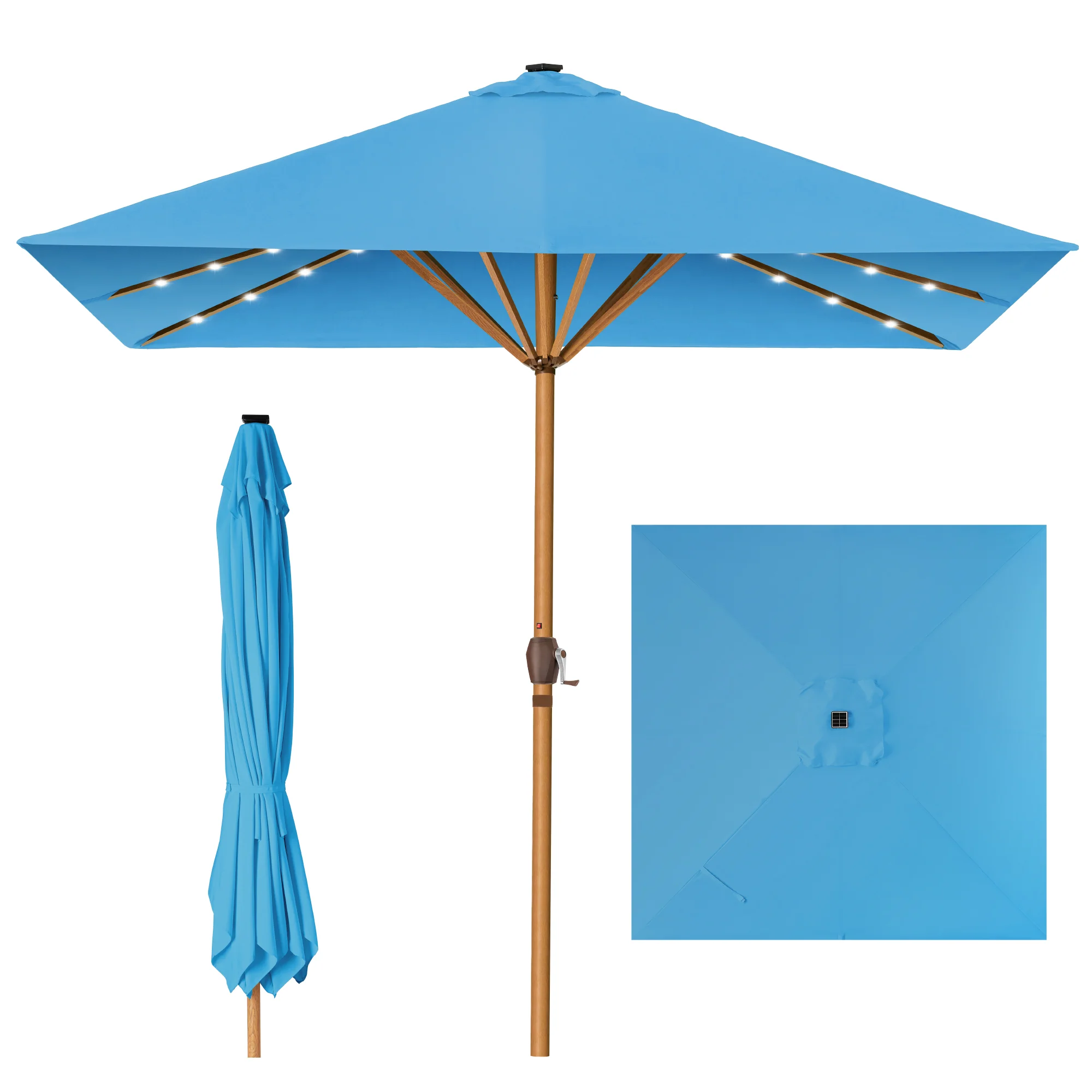 Square Solar LED Lighted Patio Umbrella w/ Woodgrain Pattern - 9ft - Image 8