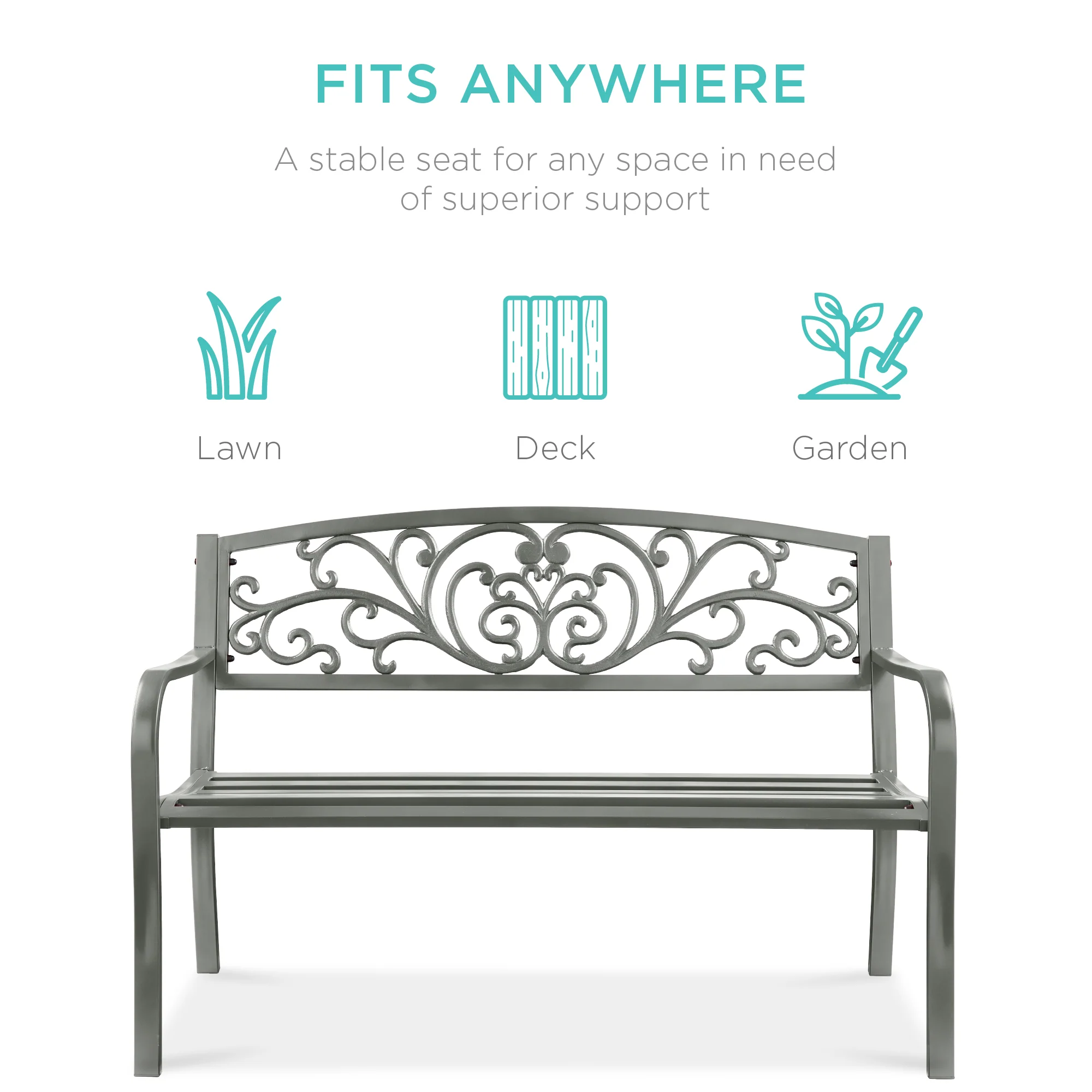 Steel Bench for Outdoor, Patio, Garden w/ Floral Design - 50in - Image 101