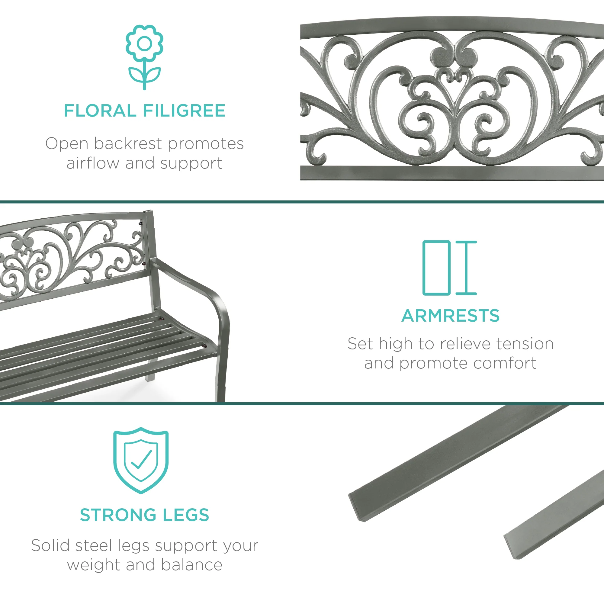 Steel Bench for Outdoor, Patio, Garden w/ Floral Design - 50in - Image 104
