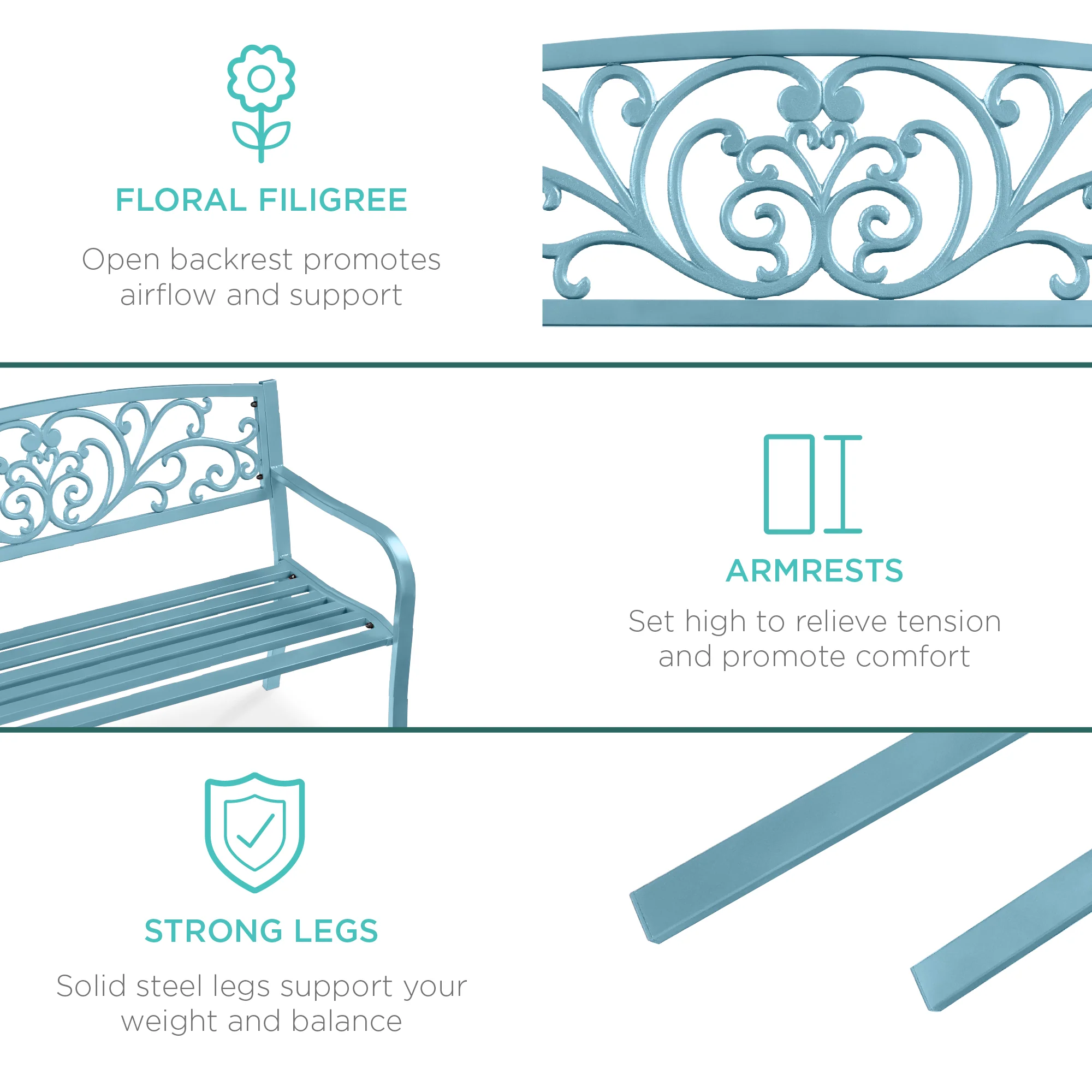 Steel Bench for Outdoor, Patio, Garden w/ Floral Design - 50in - Image 118