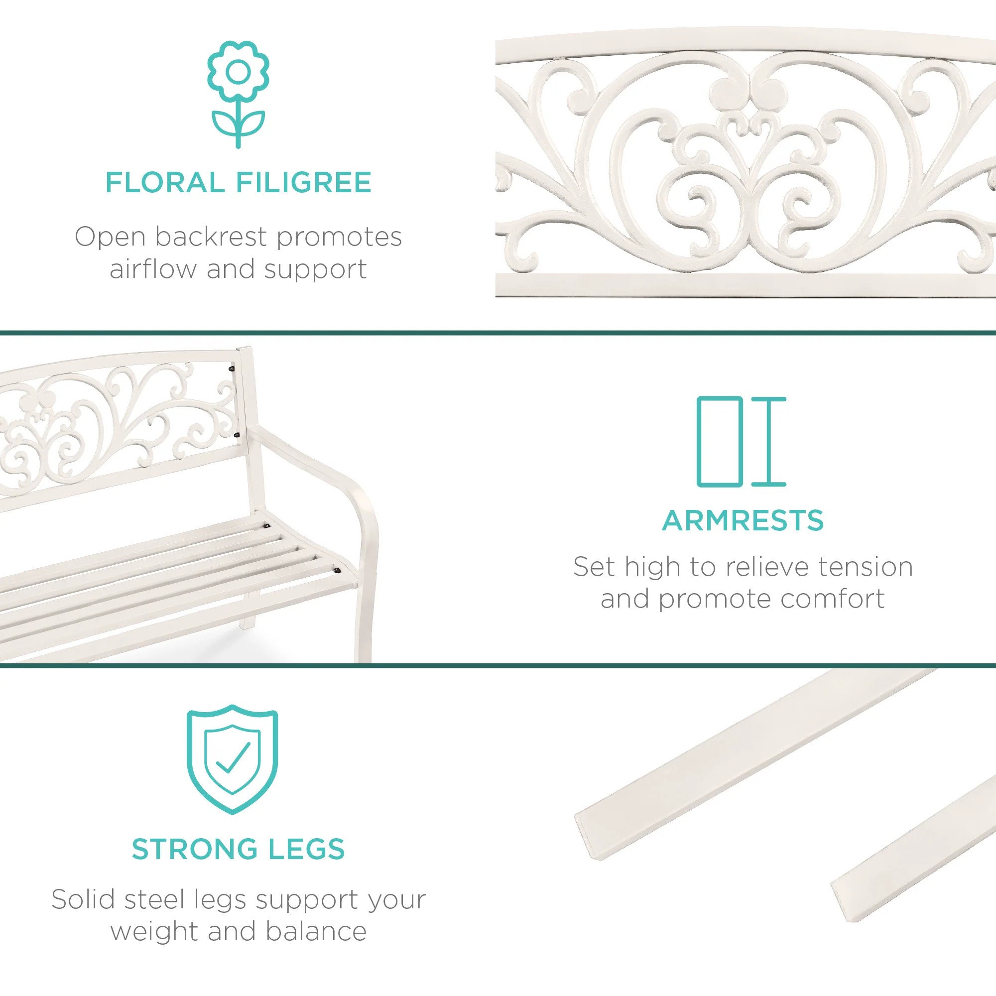 Steel Bench for Outdoor, Patio, Garden w/ Floral Design - 50in - Image 20