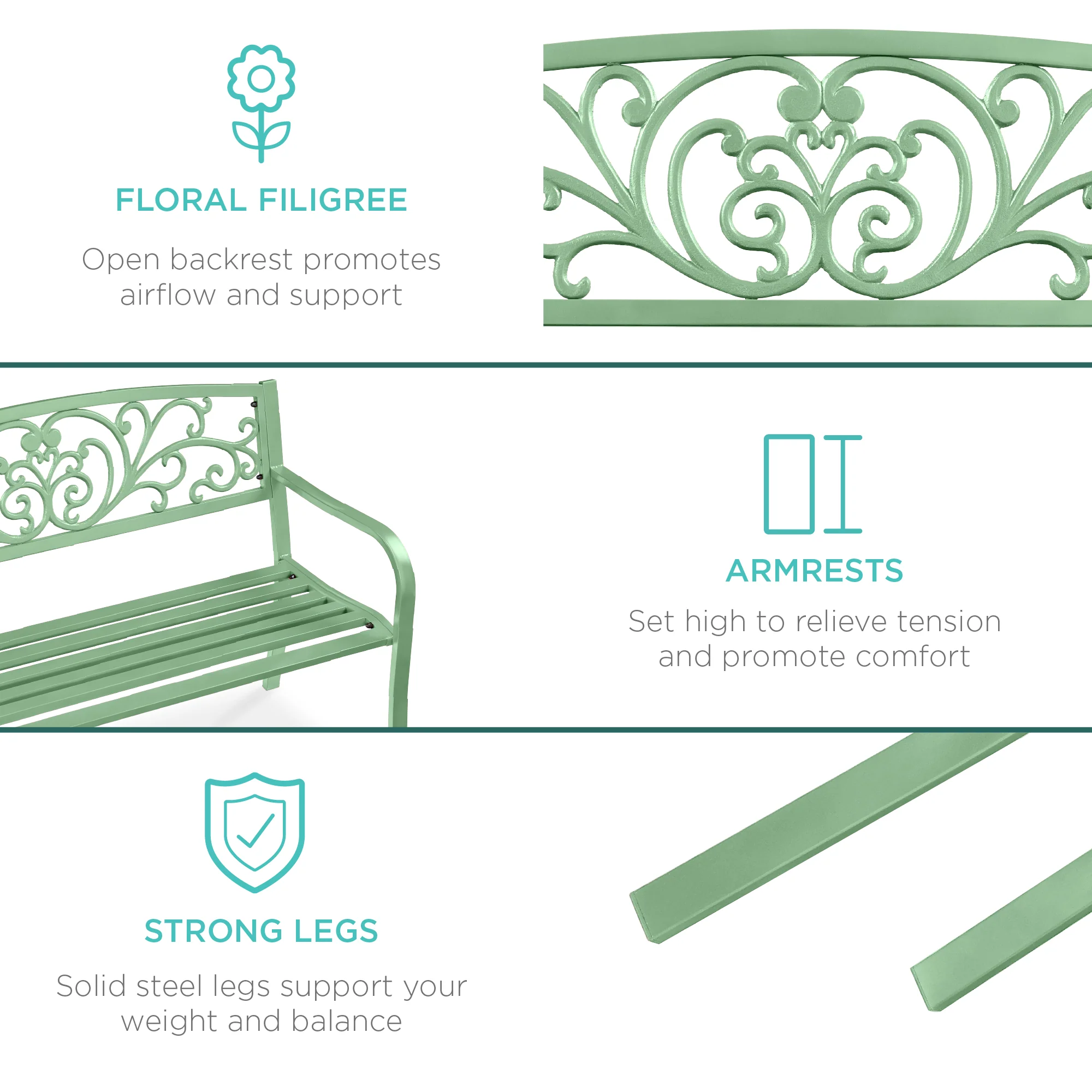 Steel Bench for Outdoor, Patio, Garden w/ Floral Design - 50in - Image 48