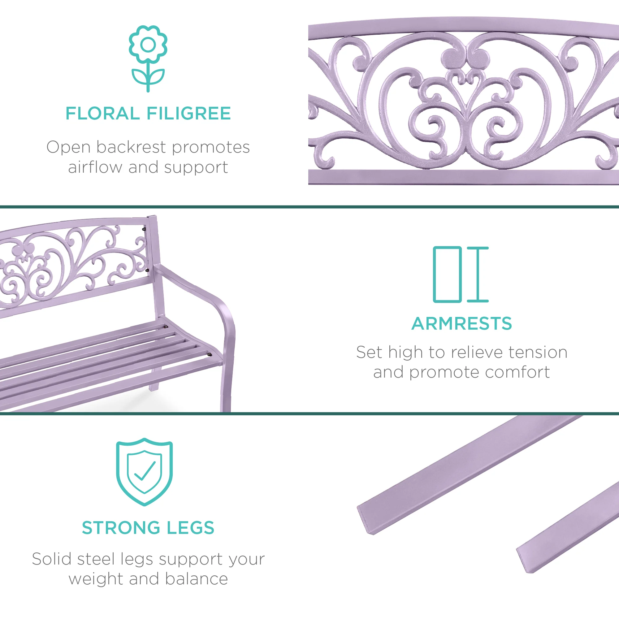Steel Bench for Outdoor, Patio, Garden w/ Floral Design - 50in - Image 55