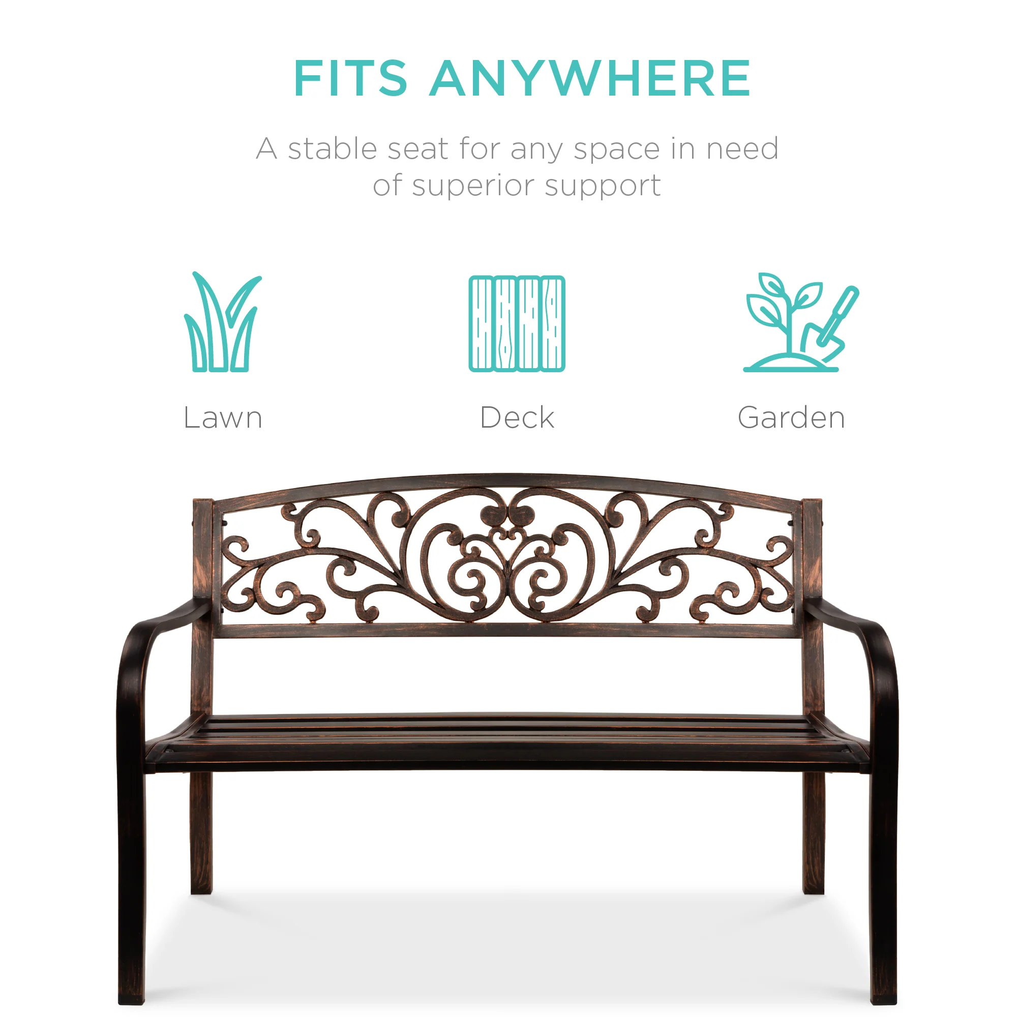 Steel Bench for Outdoor, Patio, Garden w/ Floral Design - 50in - Image 59
