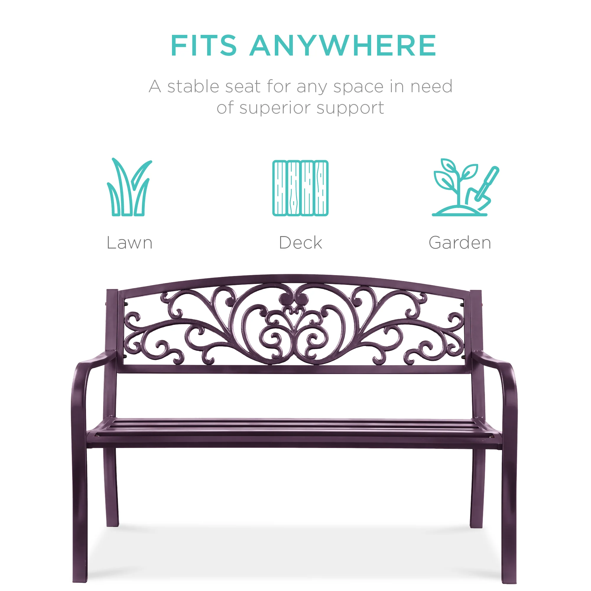 Steel Bench for Outdoor, Patio, Garden w/ Floral Design - 50in - Image 73