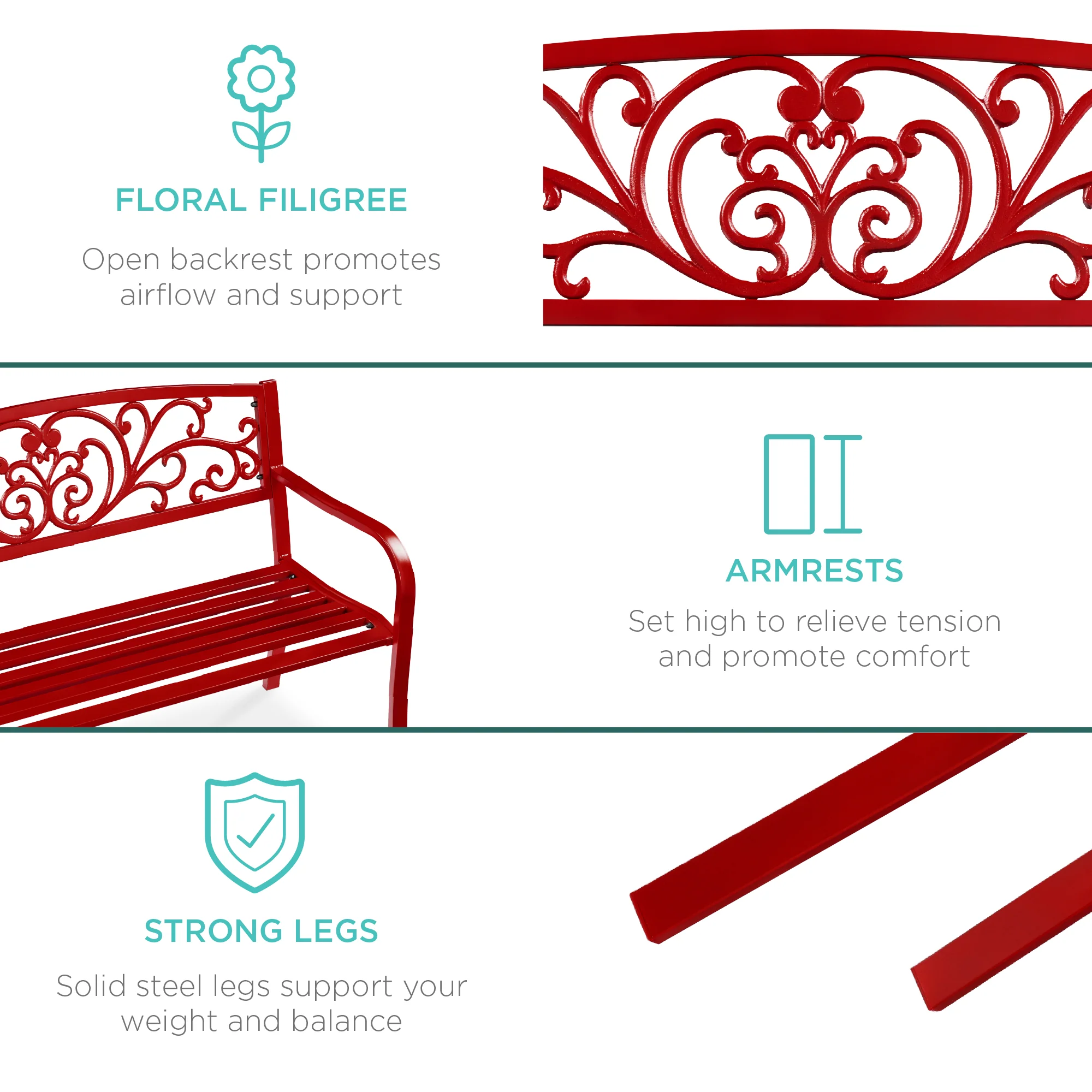 Steel Bench for Outdoor, Patio, Garden w/ Floral Design - 50in - Image 90