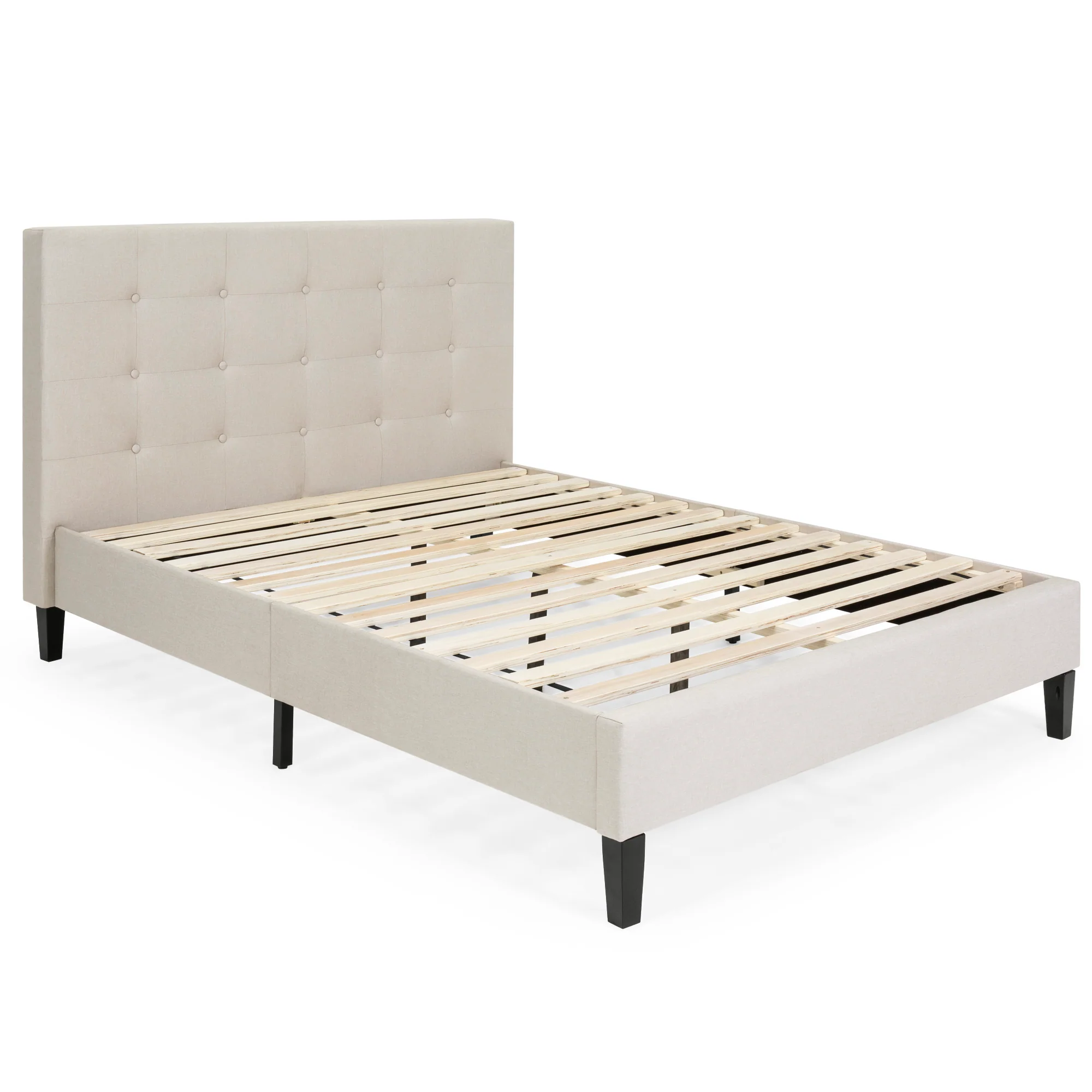 Upholstered Twin Platform Bed w/ Tufted Headboard, Wood Slats - Image 4