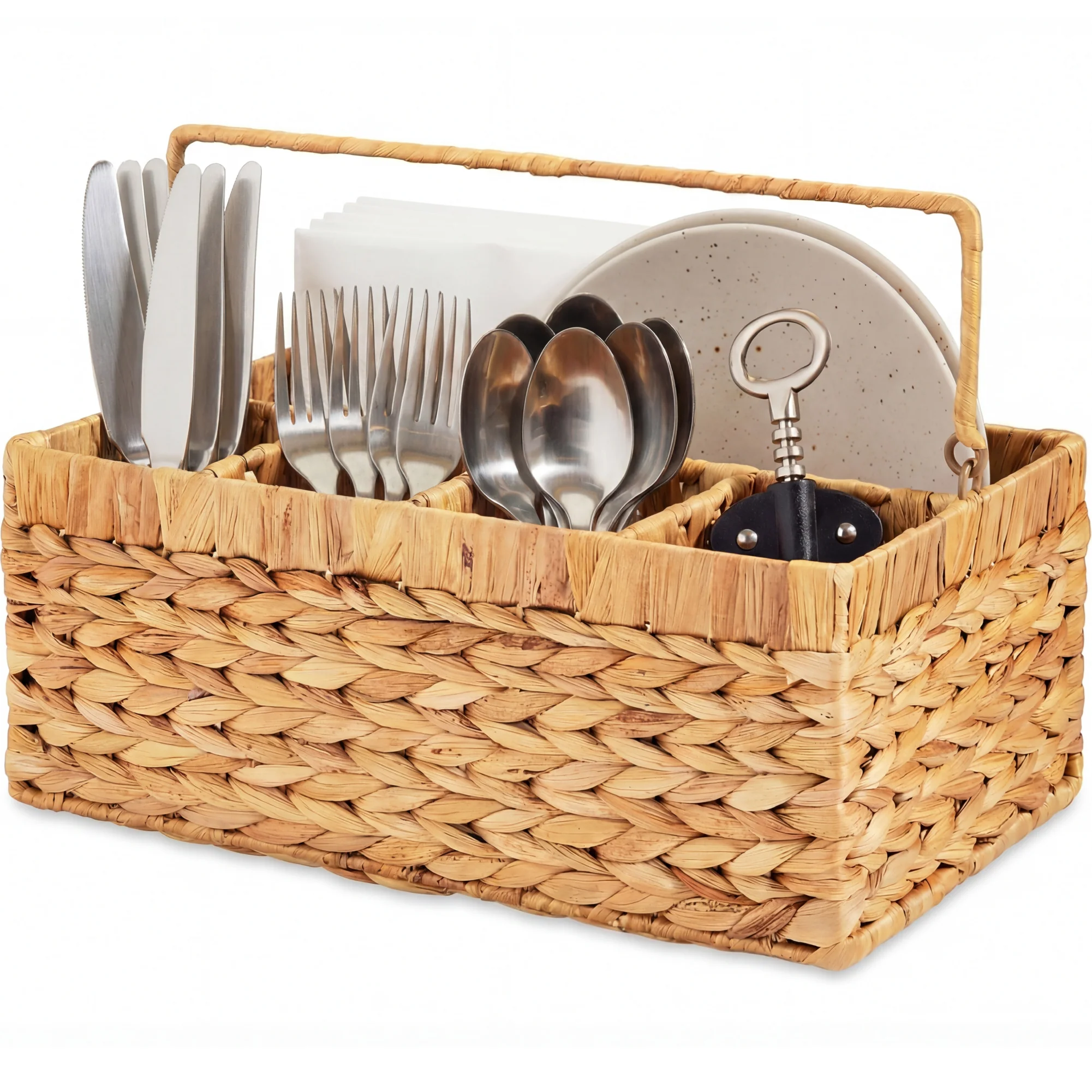 Handwoven Silverware Organizer w/ Handle, 5 Compartments - Image 9