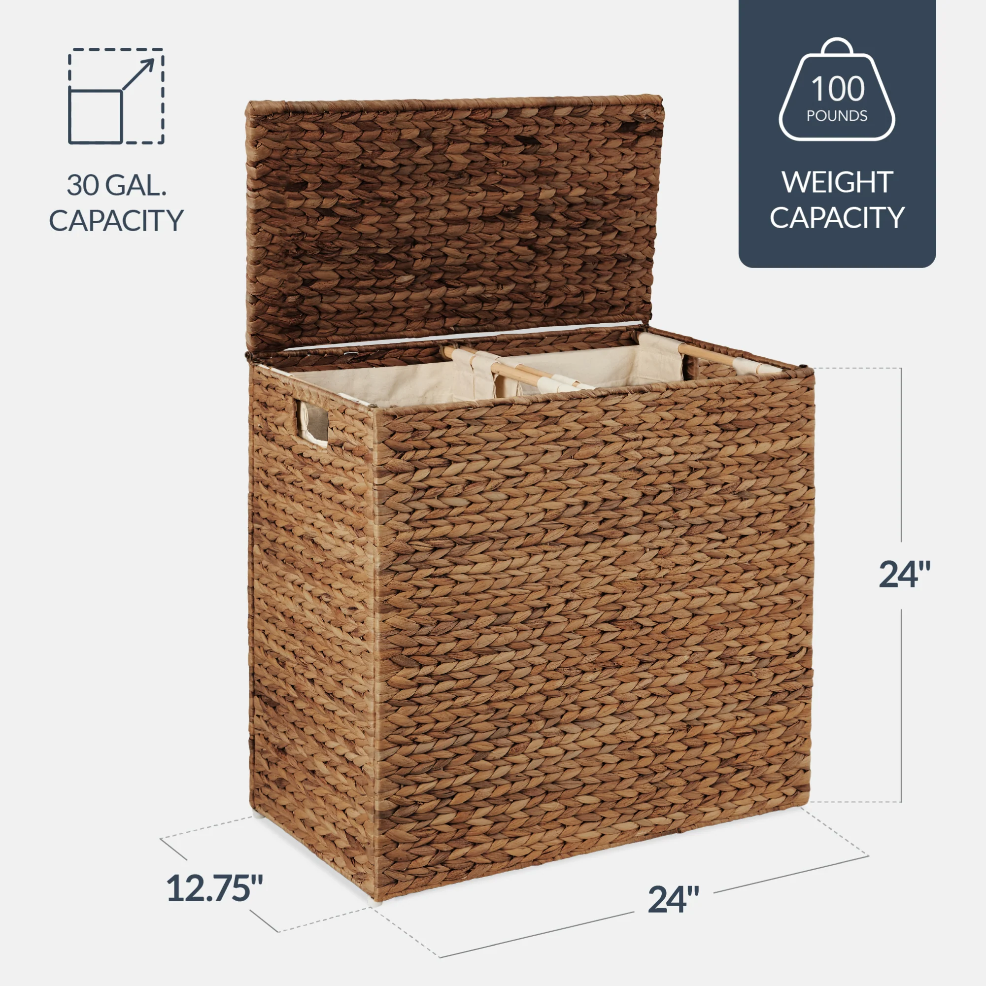 Large Water Hyacinth Double Laundry Hamper Basket w/ 2 Liner Bags - Image 10
