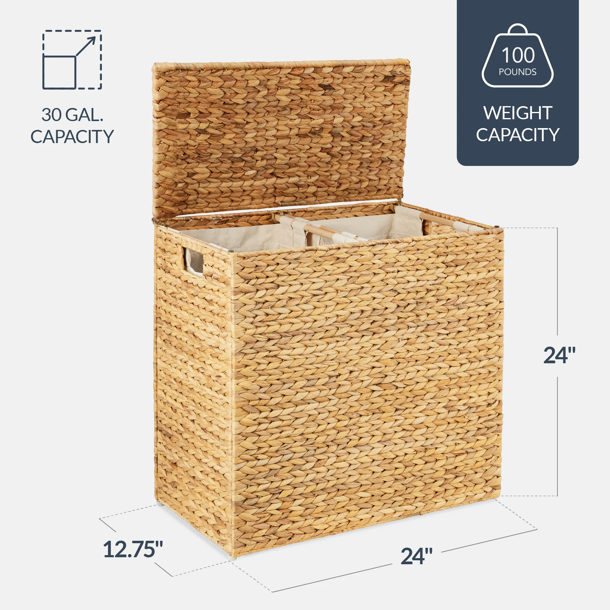 Large Water Hyacinth Double Laundry Hamper Basket w/ 2 Liner Bags - Image 34