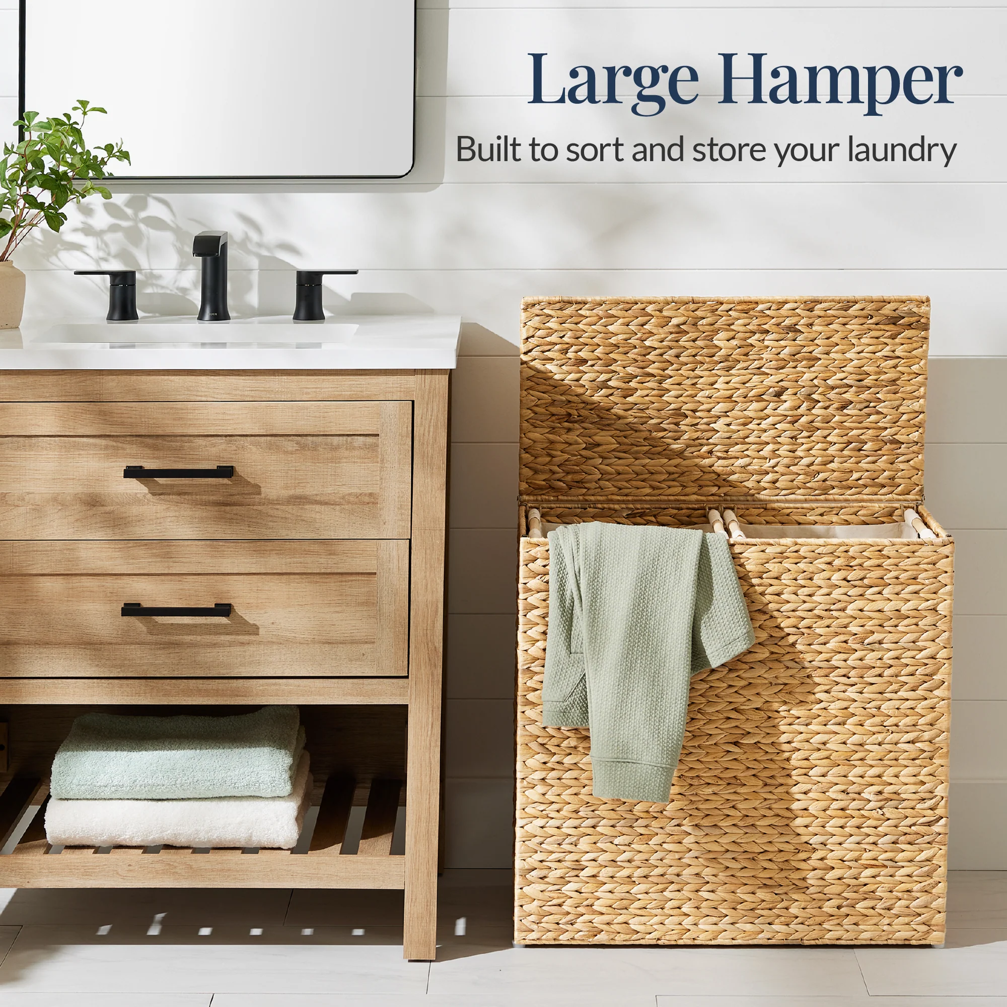 Large Water Hyacinth Double Laundry Hamper Basket w/ 2 Liner Bags - Image 35
