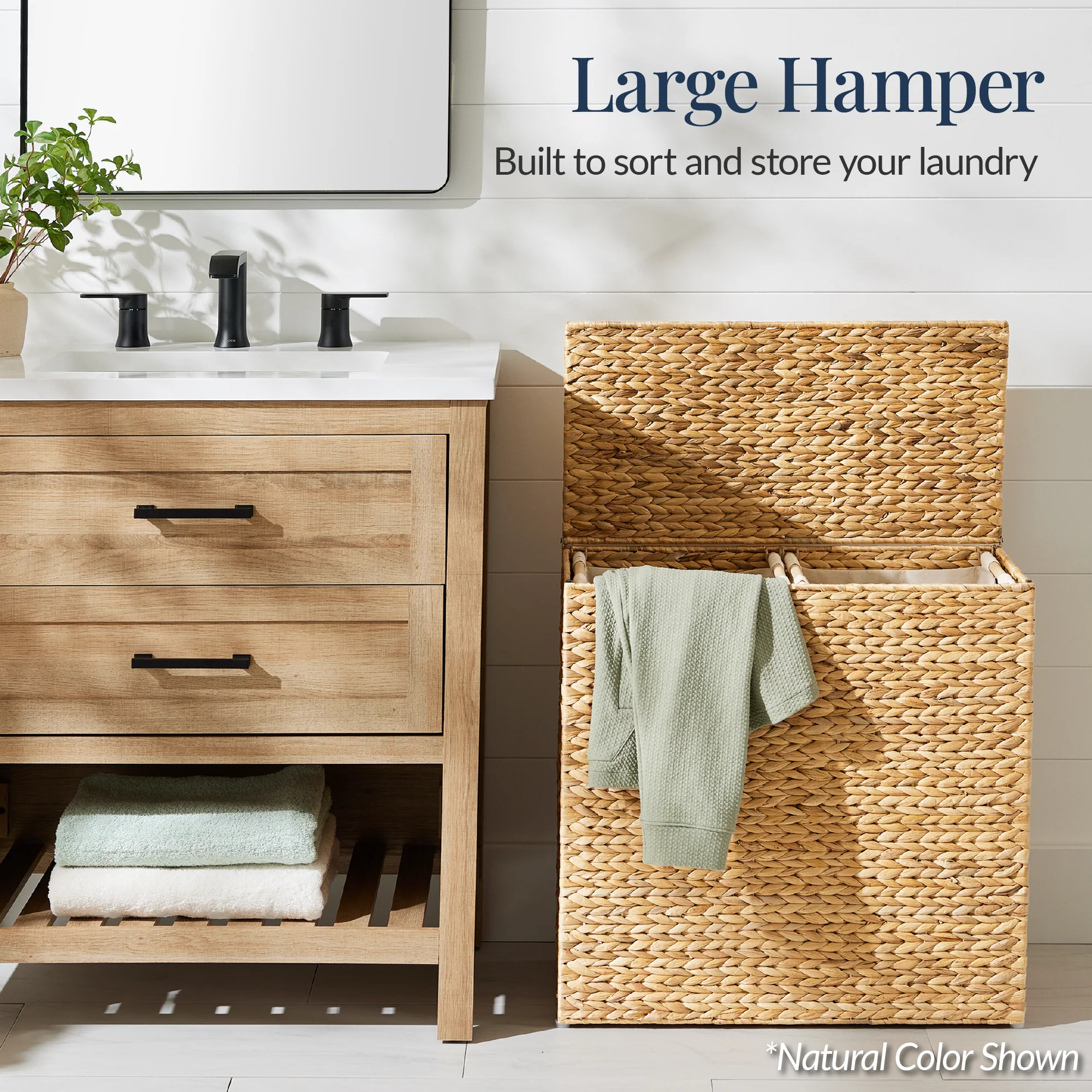 Large Water Hyacinth Double Laundry Hamper Basket w/ 2 Liner Bags - Image 43