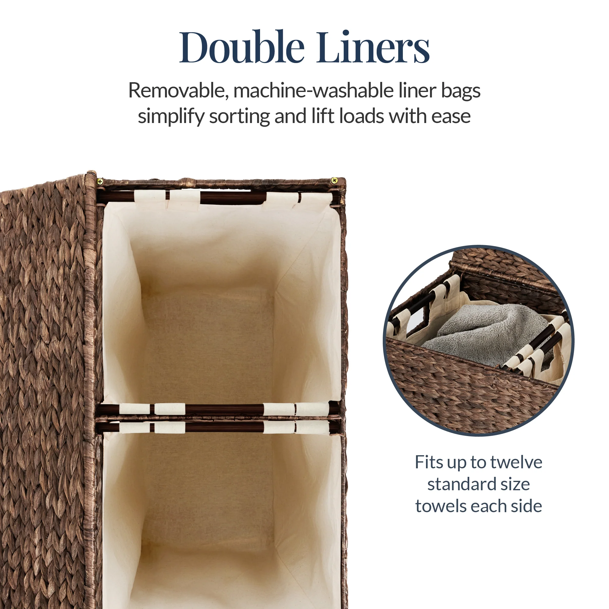 Large Water Hyacinth Double Laundry Hamper Basket w/ 2 Liner Bags - Image 5