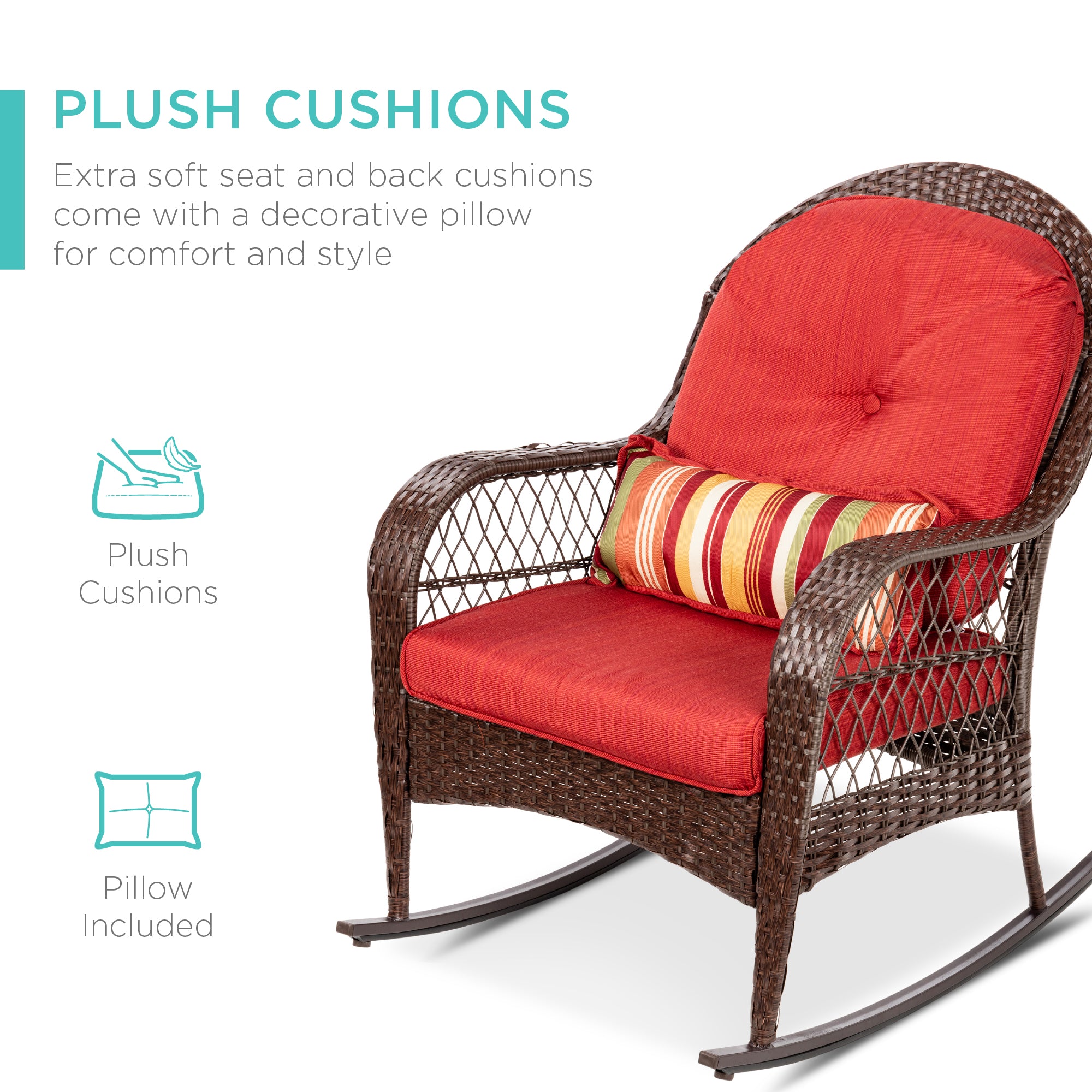 Wicker Rocking Chair w/ Steel Frame, Decorative Pillow, Cushions - Image 4