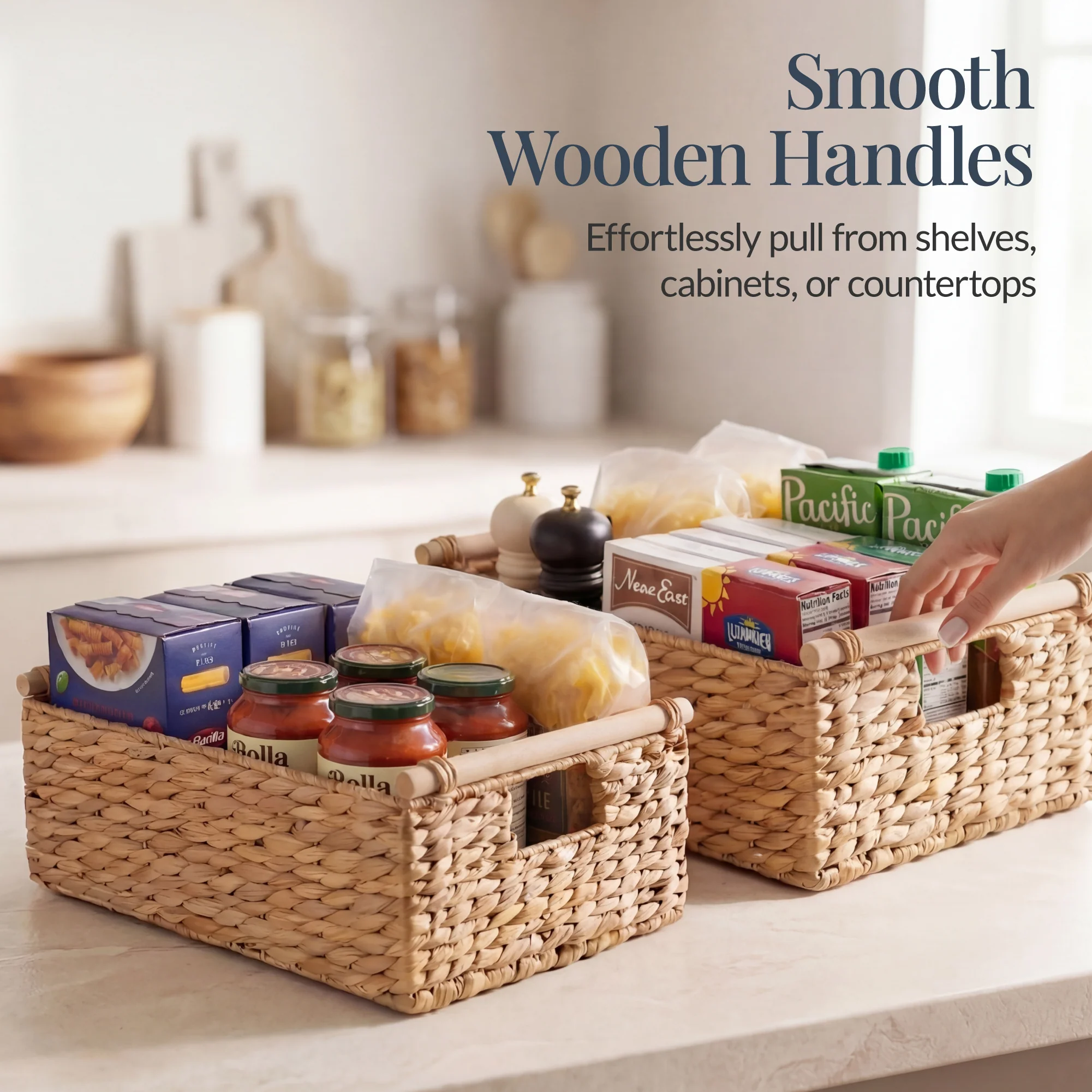 Wicker Storage Basket, Shelf Basket w/ Wooden Handles - Image 4