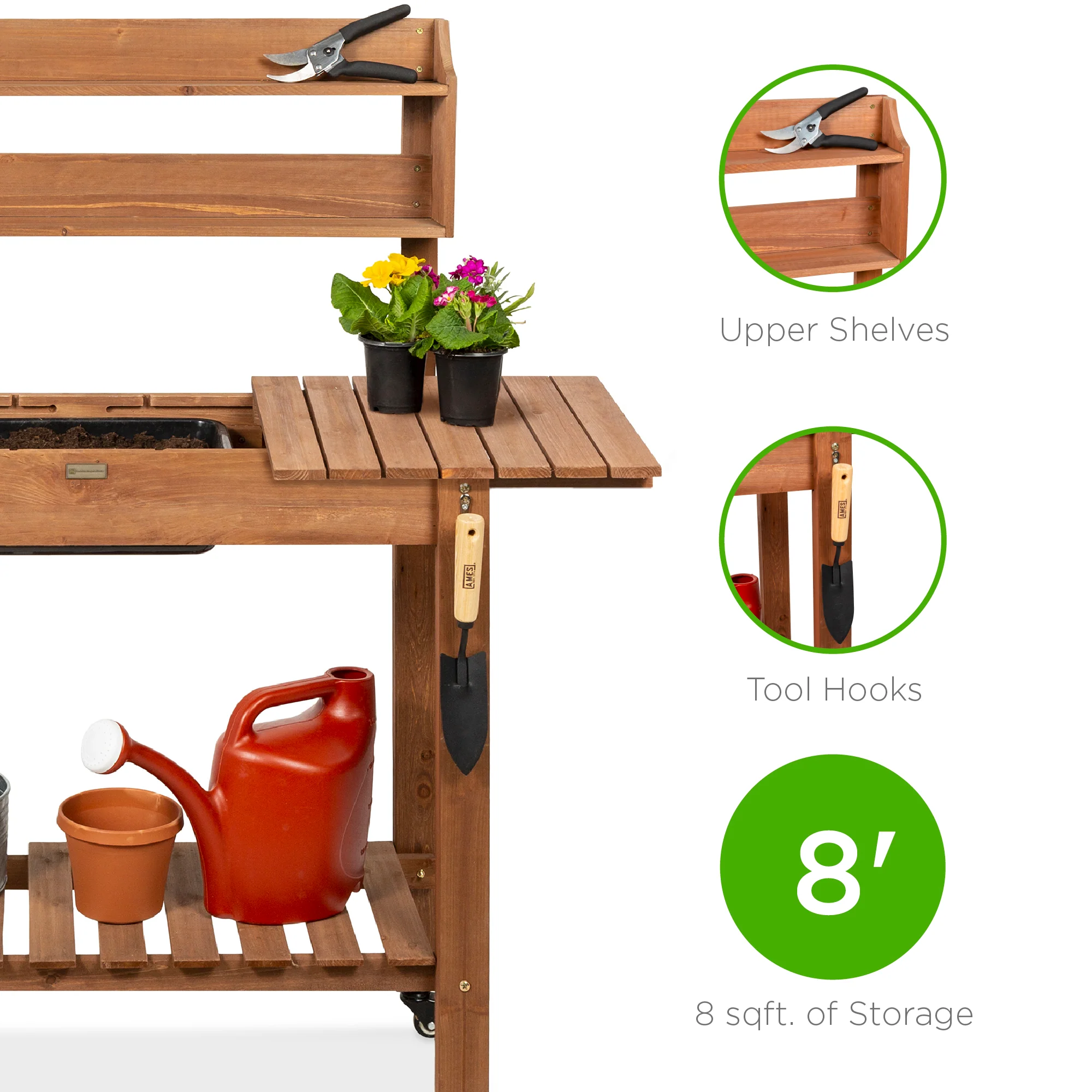 Wood Garden Potting Bench w/ Sliding Tabletop, Food Grade Dry Sink, Wheels - Image 10
