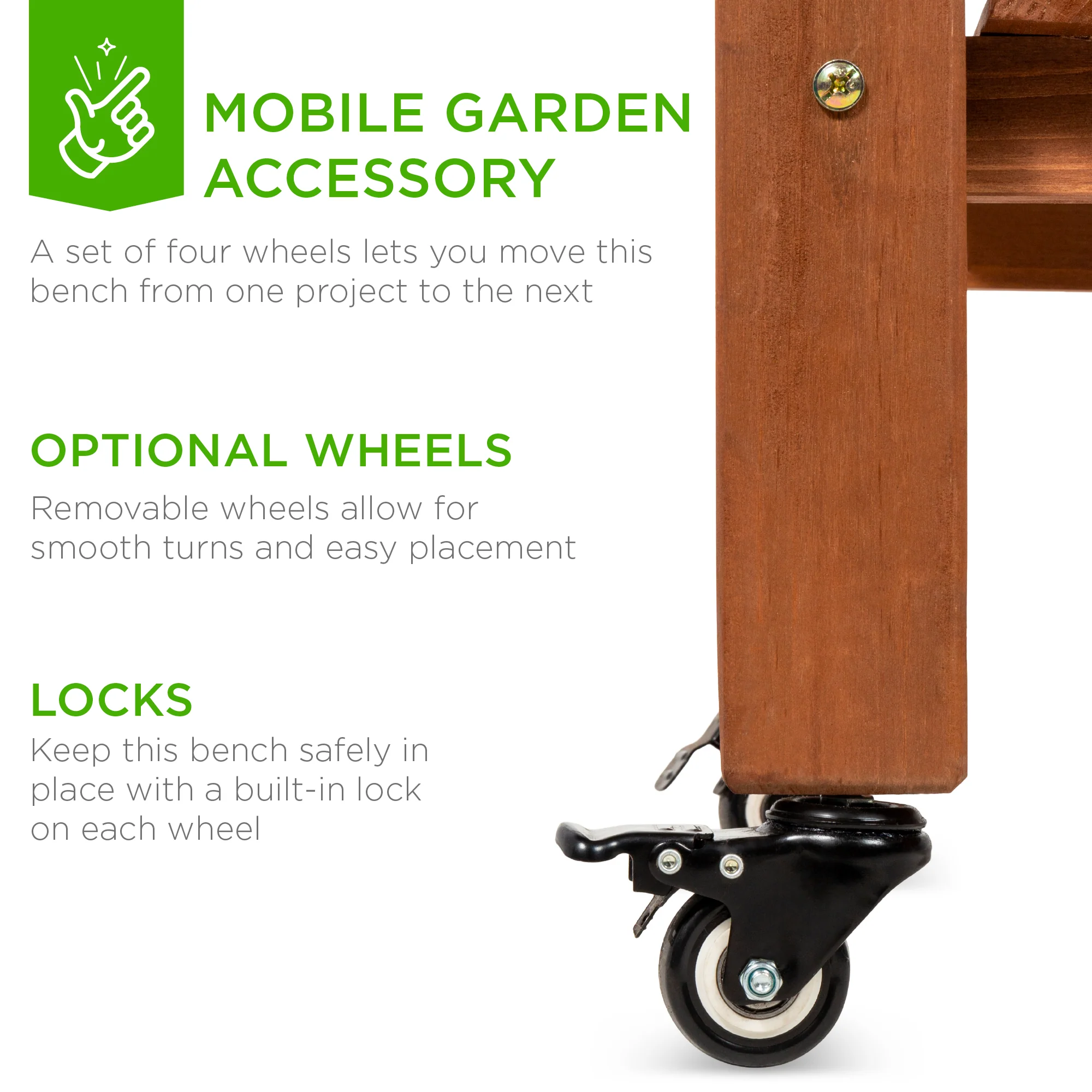 Wood Garden Potting Bench w/ Sliding Tabletop, Food Grade Dry Sink, Wheels - Image 11