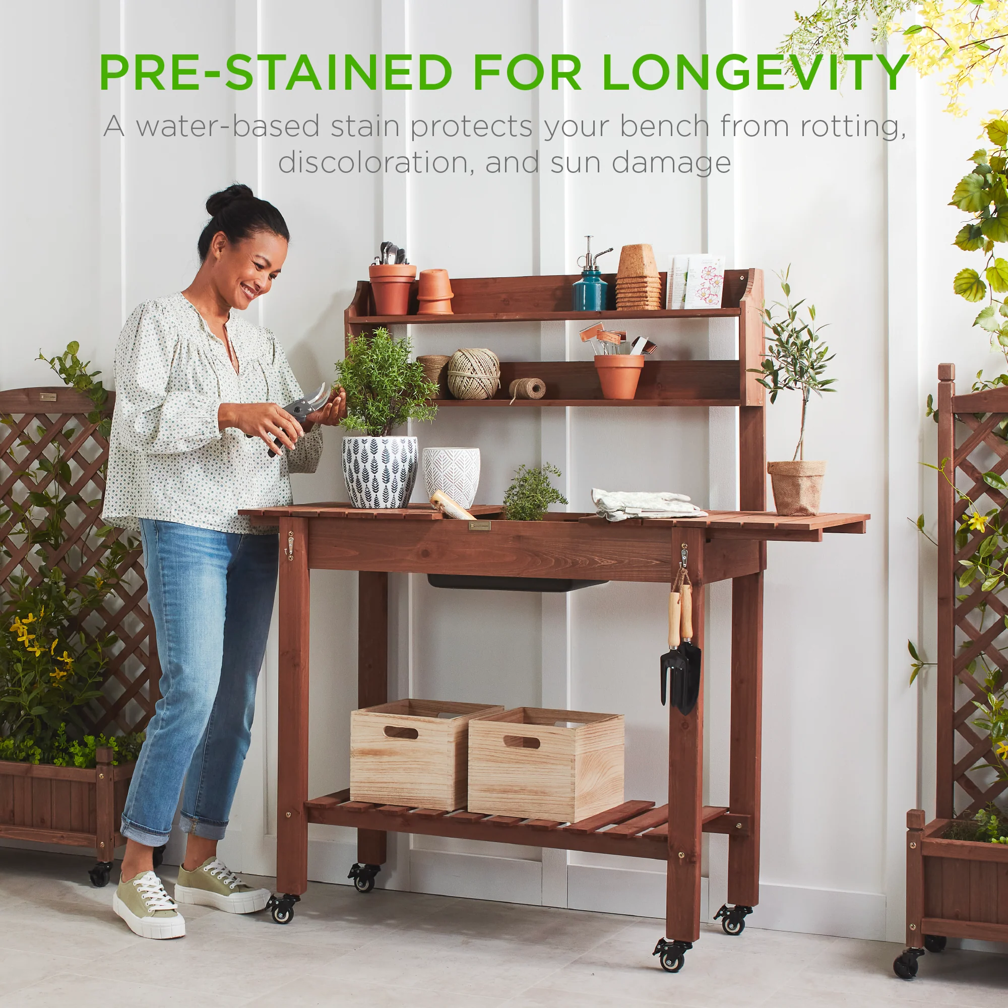 Wood Garden Potting Bench w/ Sliding Tabletop, Food Grade Dry Sink, Wheels - Image 13