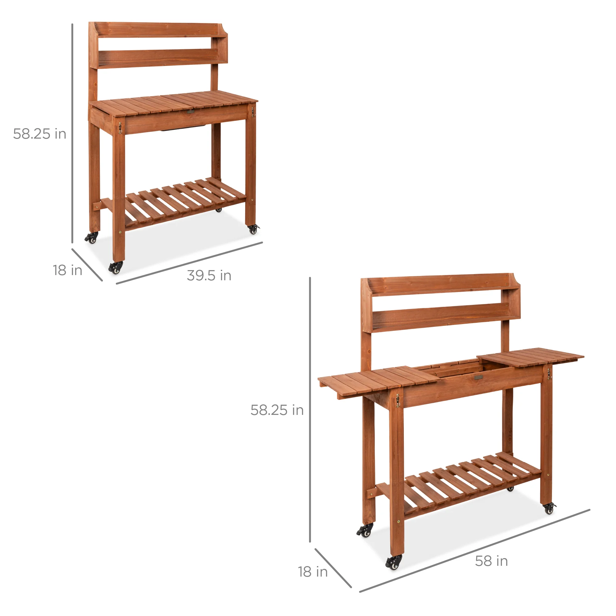 Wood Garden Potting Bench w/ Sliding Tabletop, Food Grade Dry Sink, Wheels - Image 14