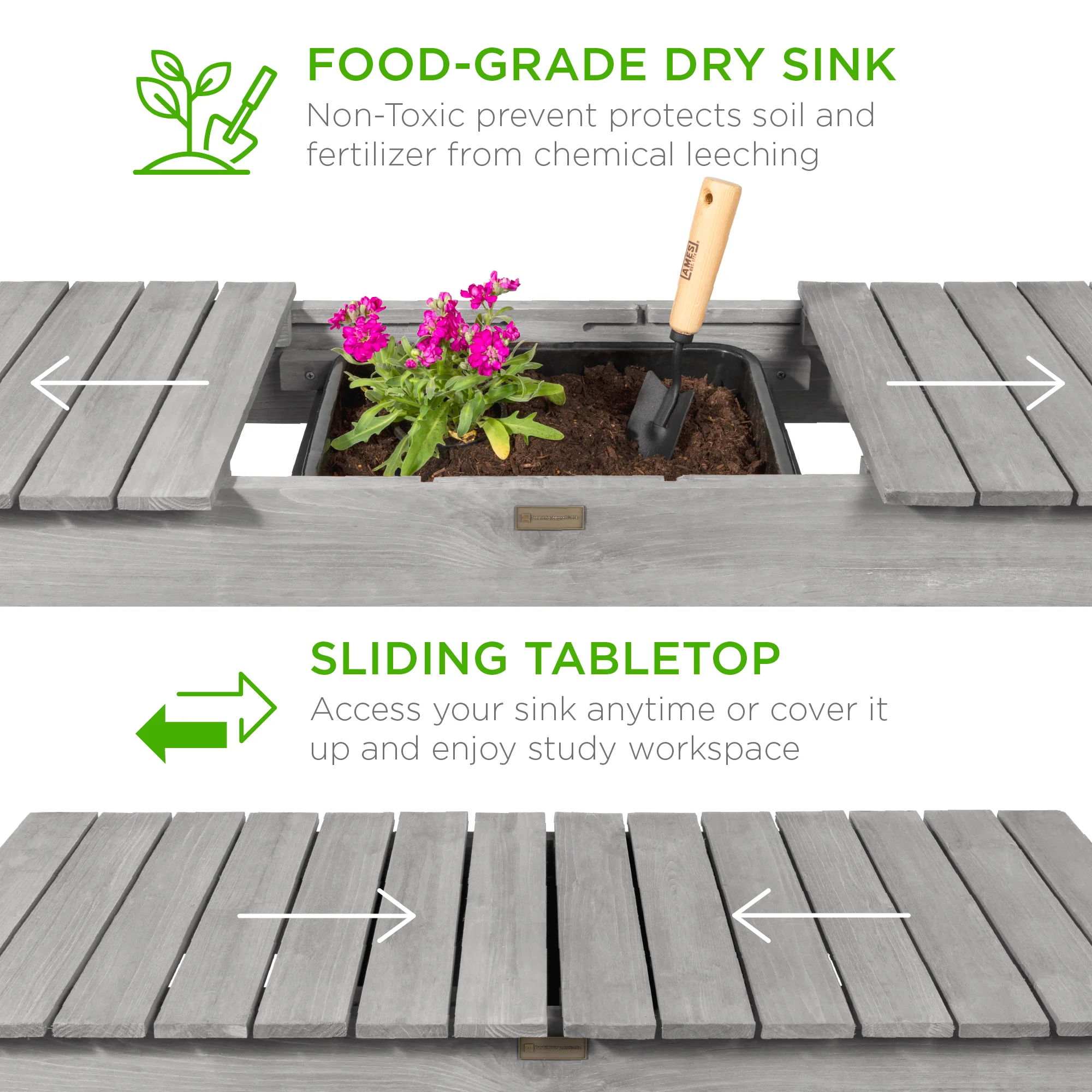 Wood Garden Potting Bench w/ Sliding Tabletop, Food Grade Dry Sink, Wheels - Image 16