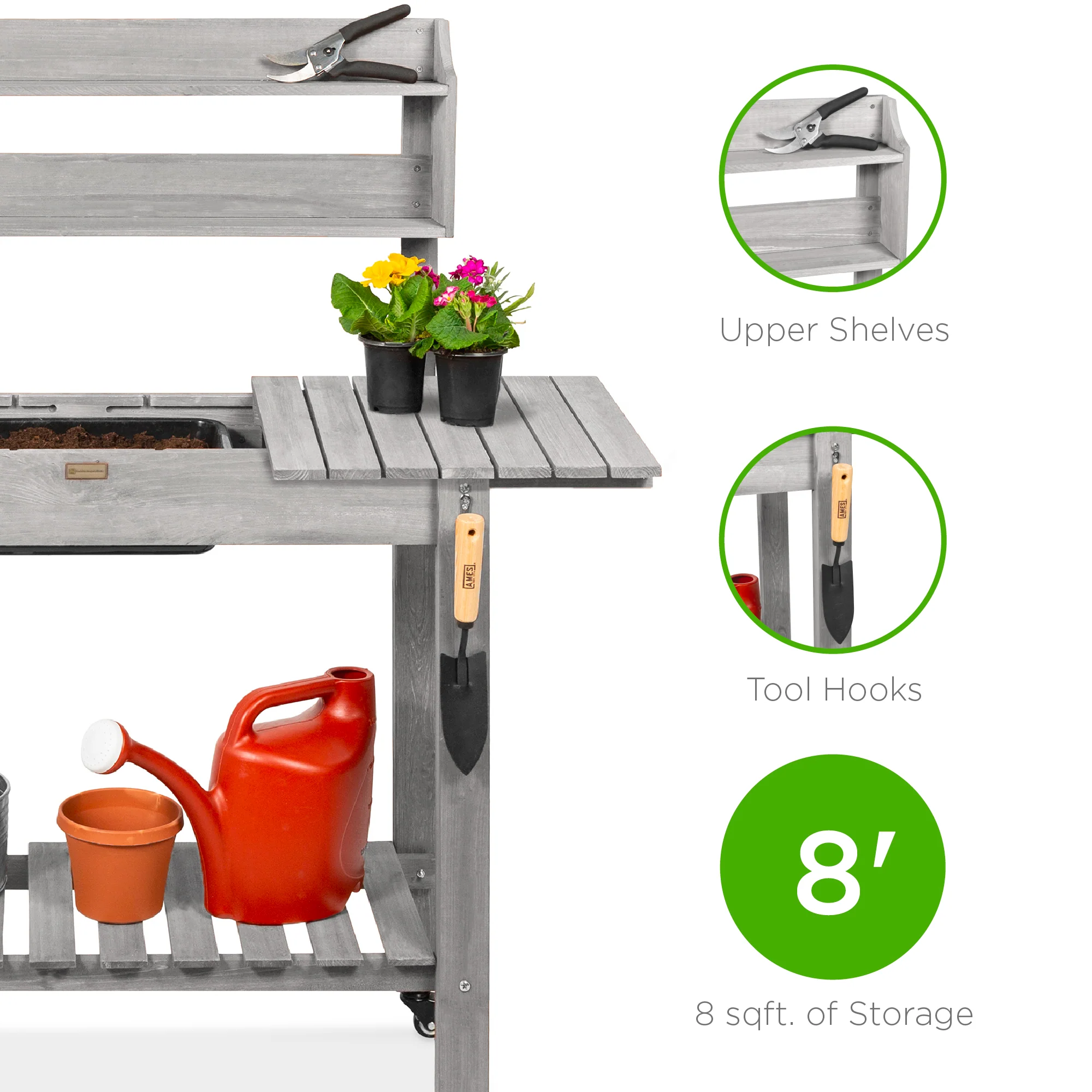 Wood Garden Potting Bench w/ Sliding Tabletop, Food Grade Dry Sink, Wheels - Image 17