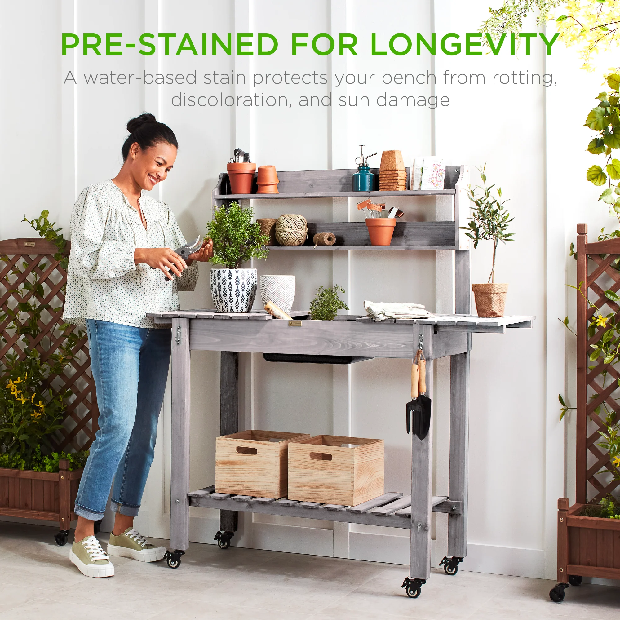 Wood Garden Potting Bench w/ Sliding Tabletop, Food Grade Dry Sink, Wheels - Image 20