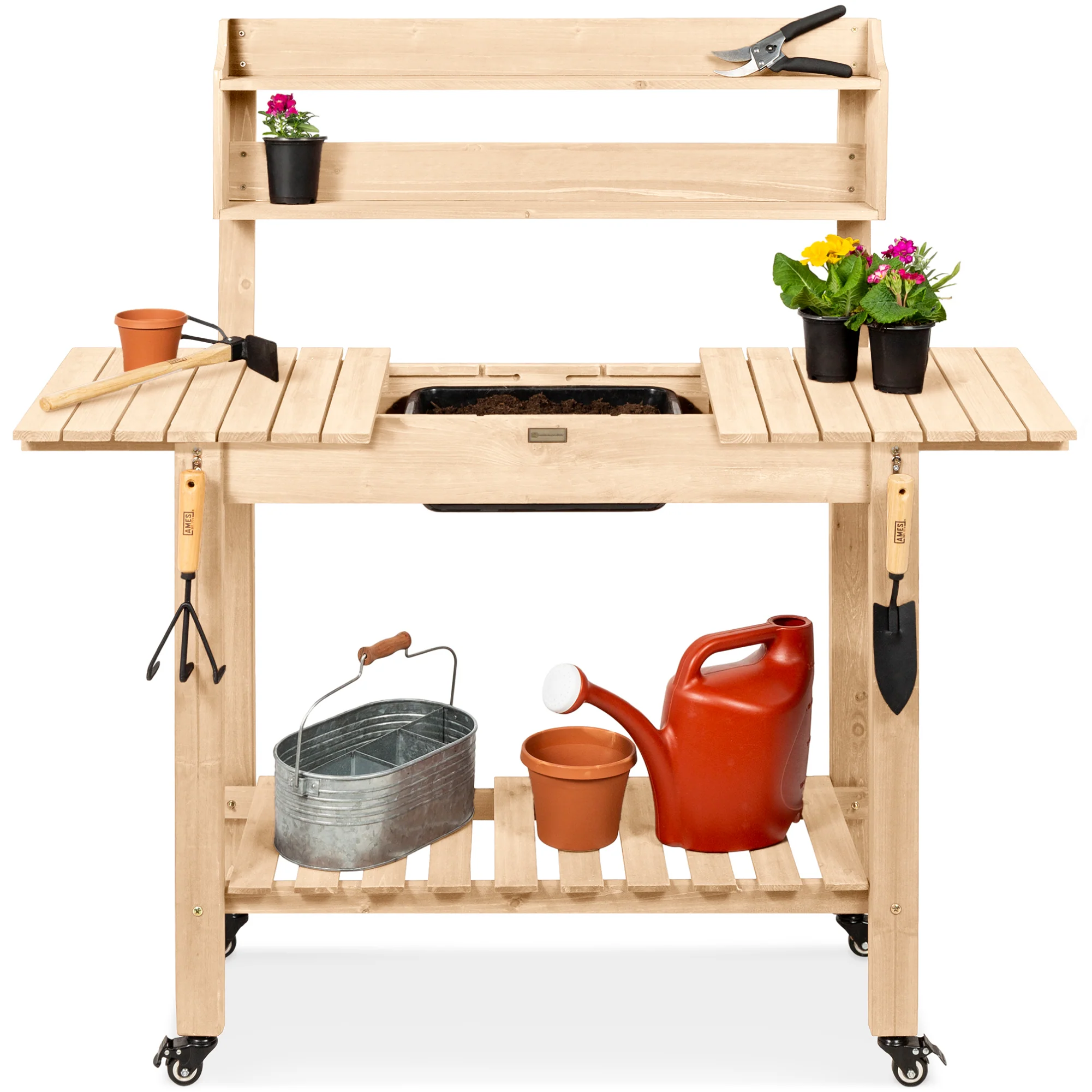 Wood Garden Potting Bench w/ Sliding Tabletop, Food Grade Dry Sink, Wheels - Image 22