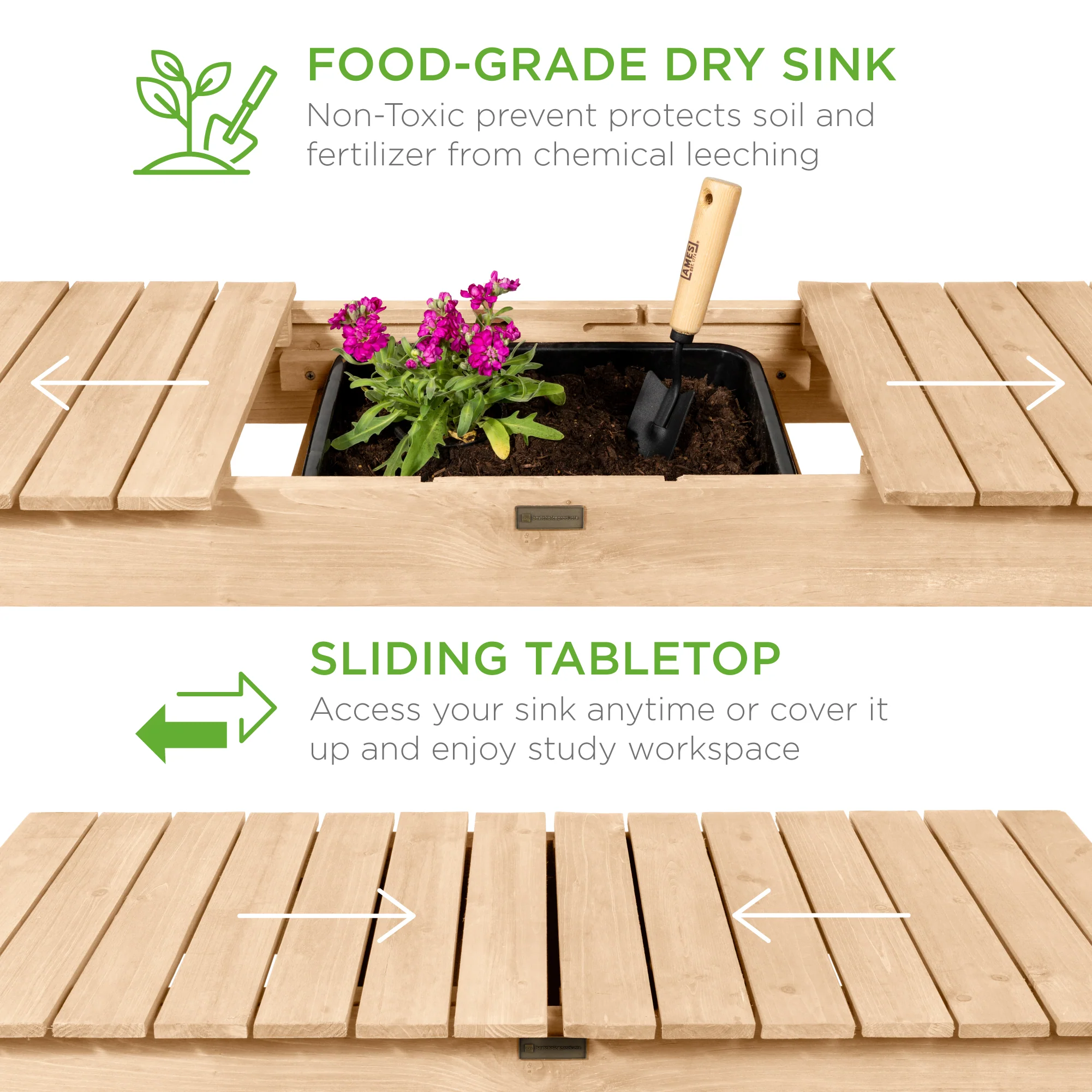 Wood Garden Potting Bench w/ Sliding Tabletop, Food Grade Dry Sink, Wheels - Image 23