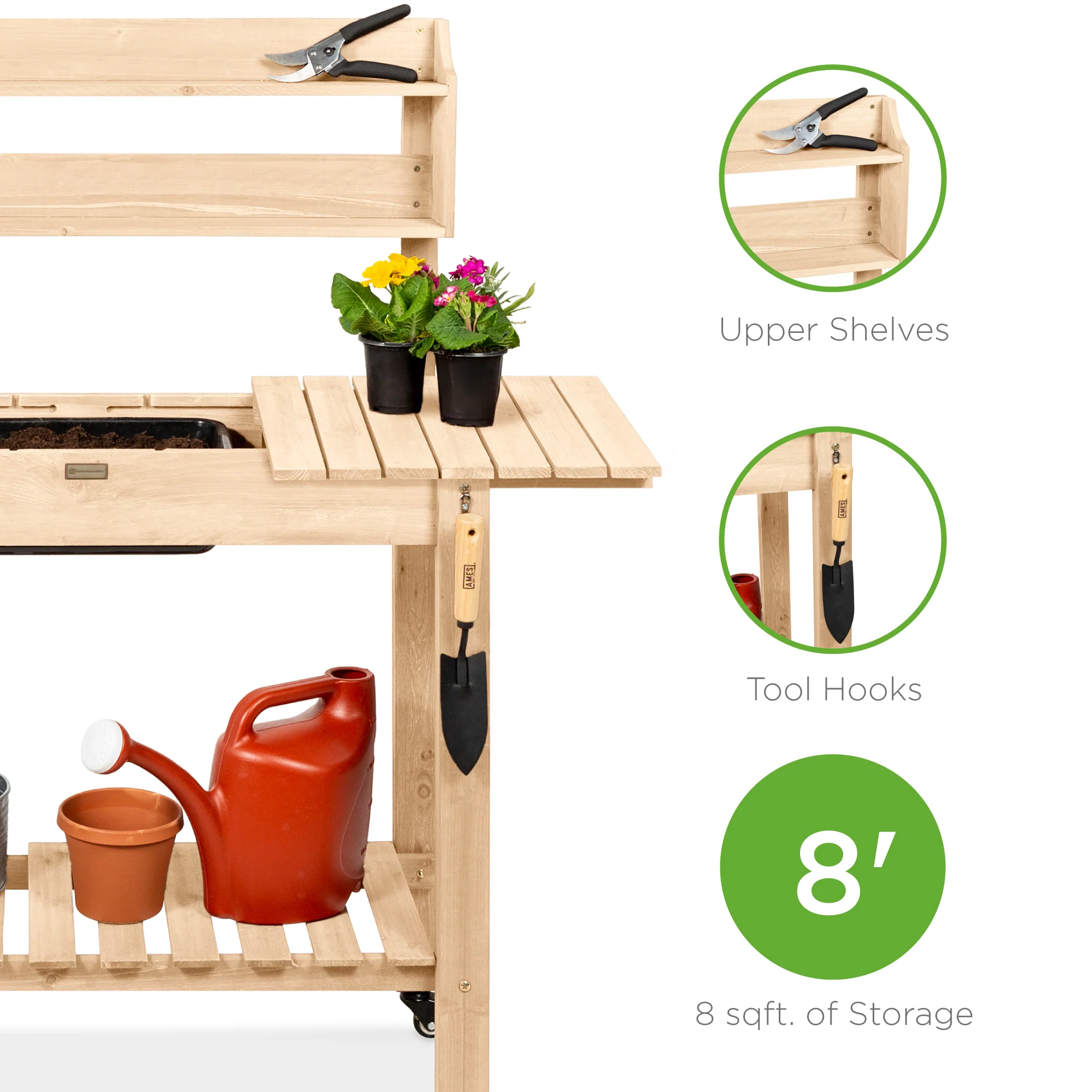 Wood Garden Potting Bench w/ Sliding Tabletop, Food Grade Dry Sink, Wheels - Image 24