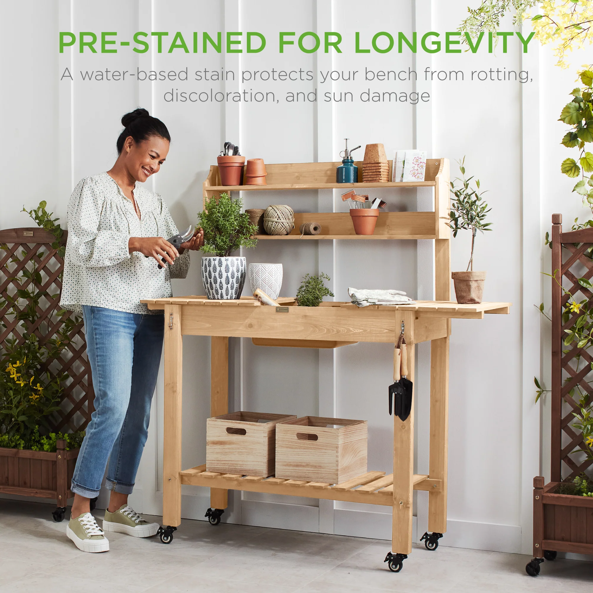 Wood Garden Potting Bench w/ Sliding Tabletop, Food Grade Dry Sink, Wheels - Image 27