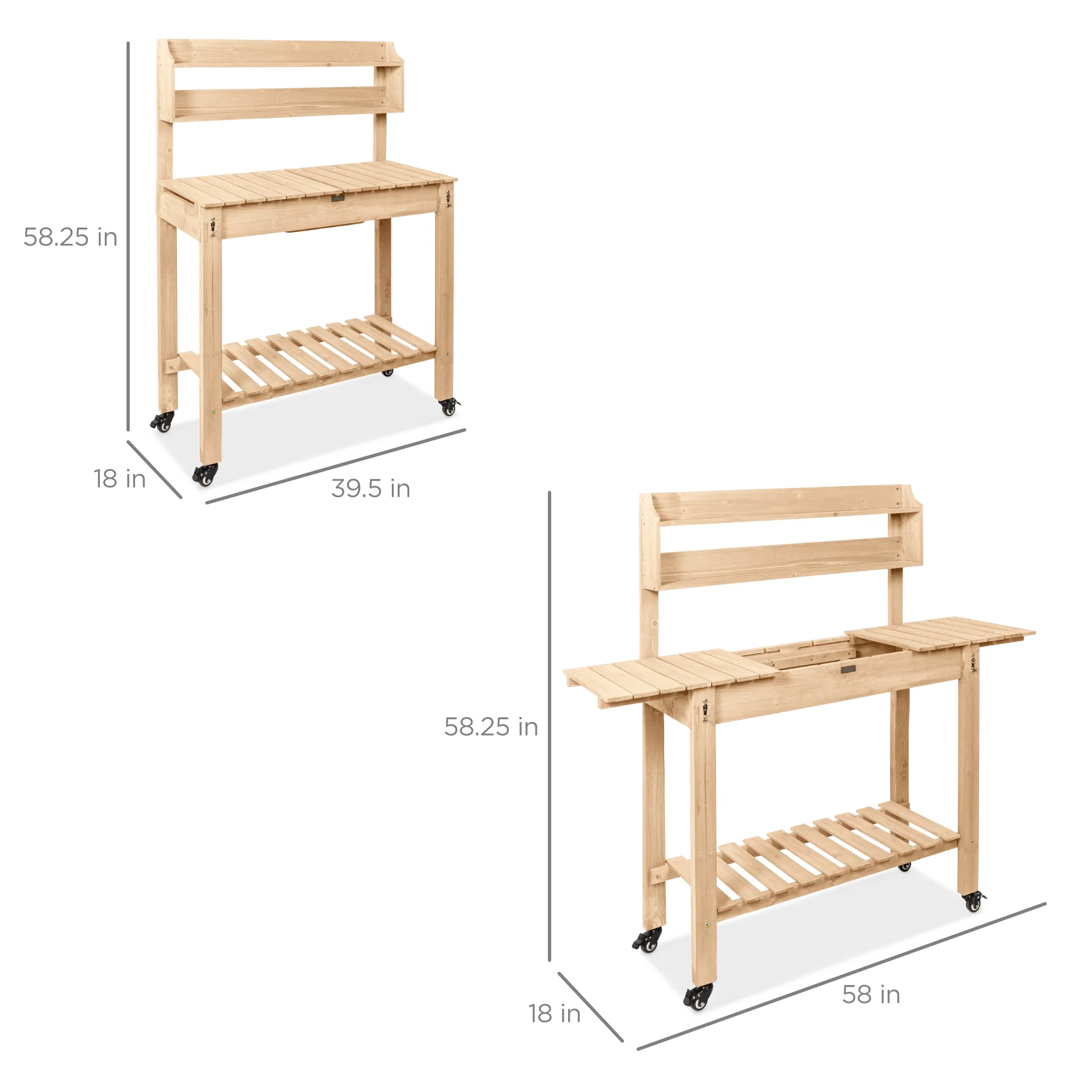 Wood Garden Potting Bench w/ Sliding Tabletop, Food Grade Dry Sink, Wheels - Image 28