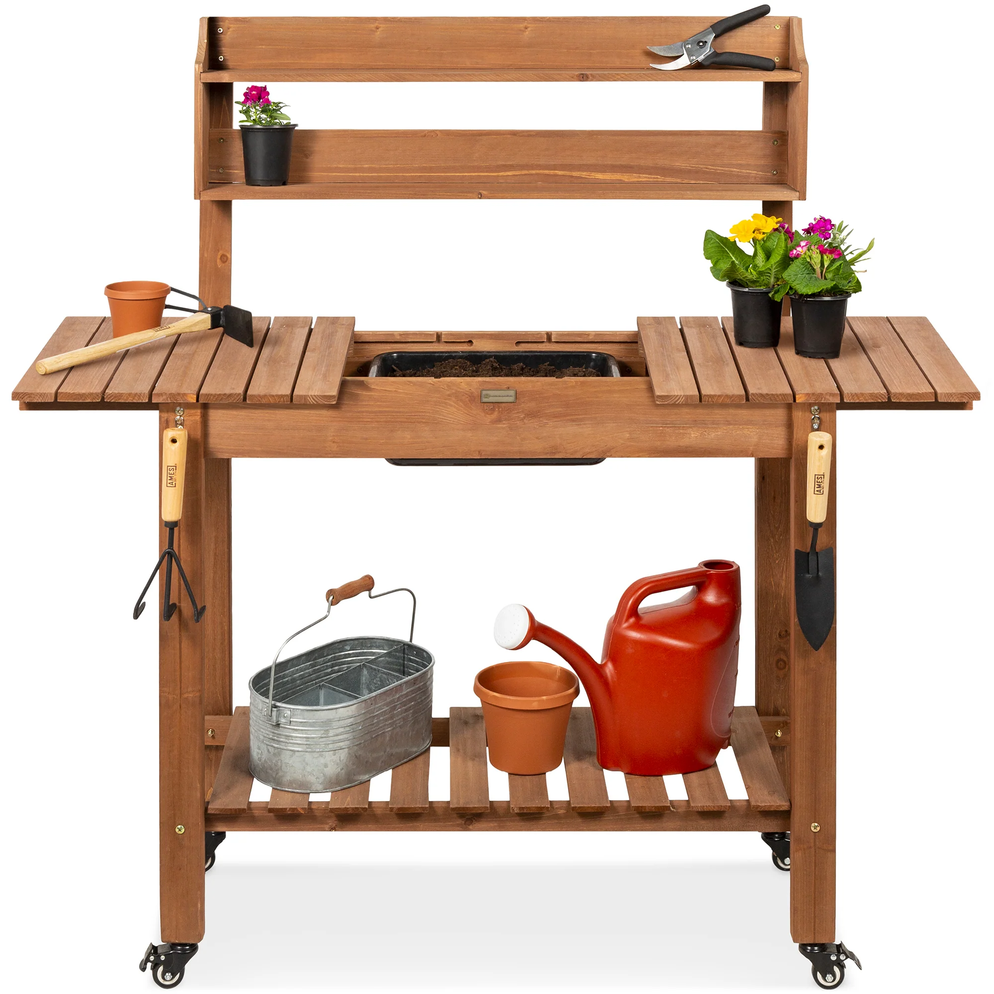 Wood Garden Potting Bench w/ Sliding Tabletop, Food Grade Dry Sink, Wheels - Image 8