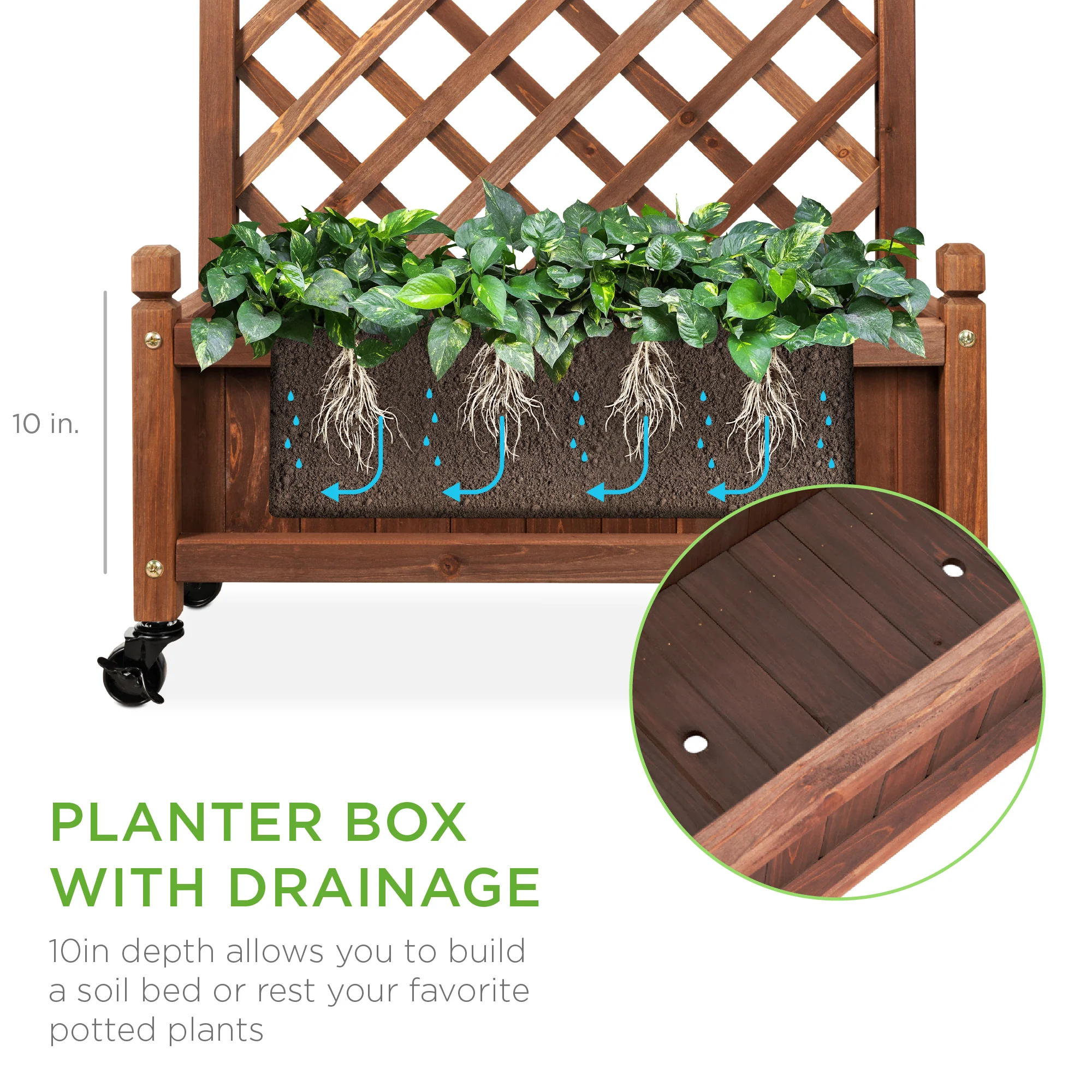 Wood Planter Box & Lattice Trellis w/ Drainage, Optional Wheels - Image 3