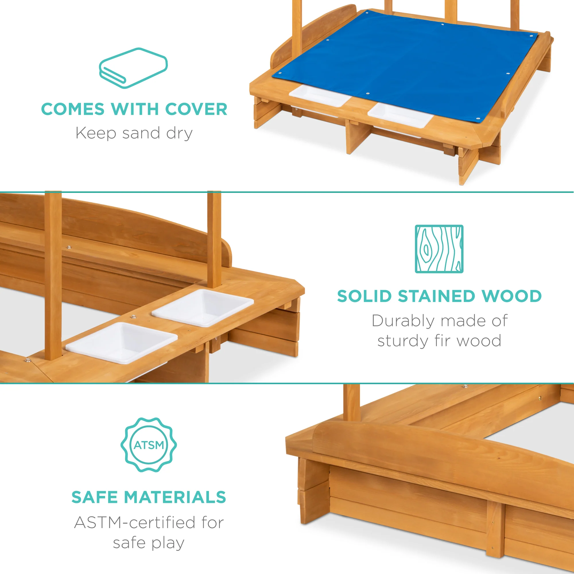 Kids Wooden Cabana Sandbox w/ Benches, Canopy Shade, Sand Cover, 2 Buckets - Image 5