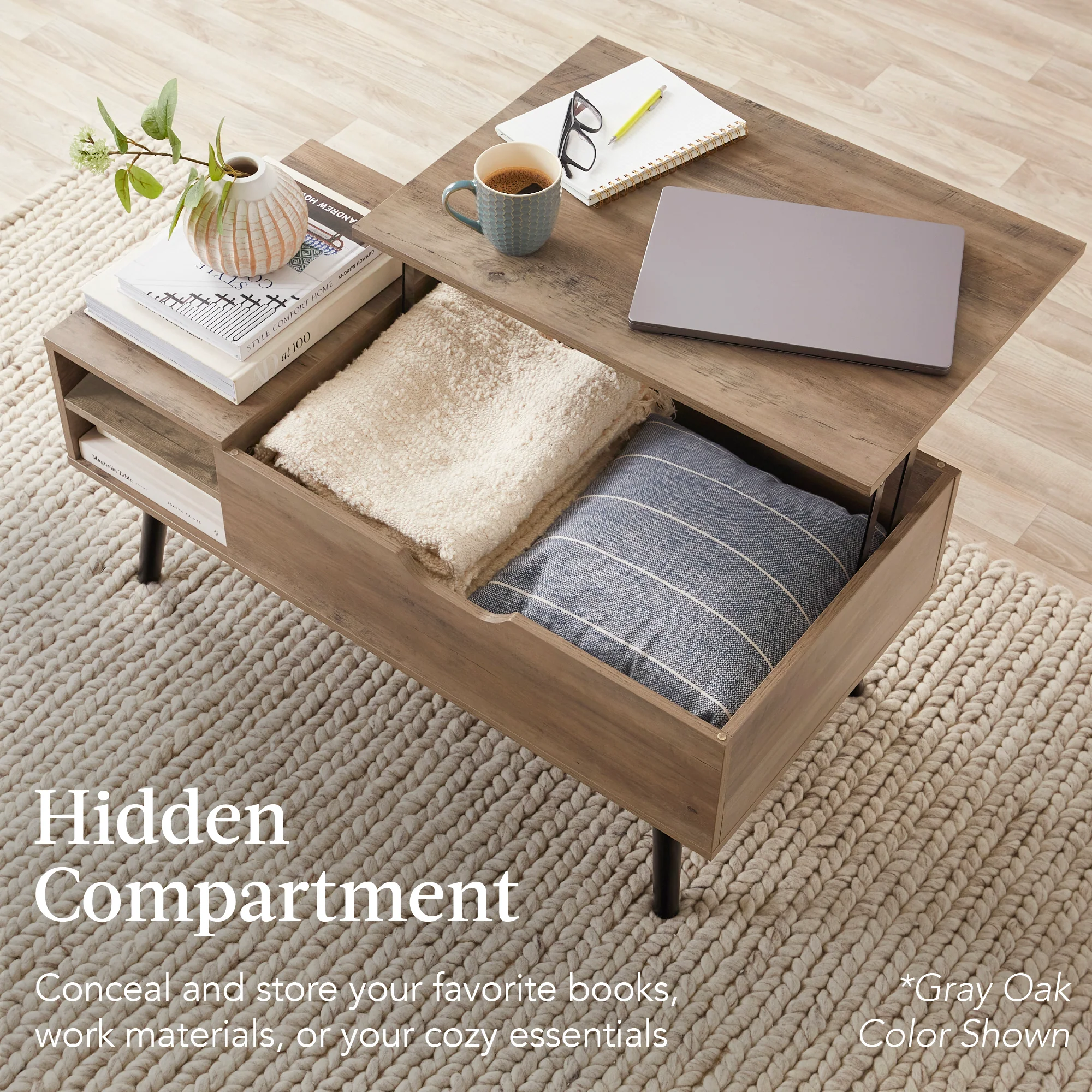 Wooden Mid-Century Modern Lift Top Coffee Table w/ Removable Shelf - Image 25