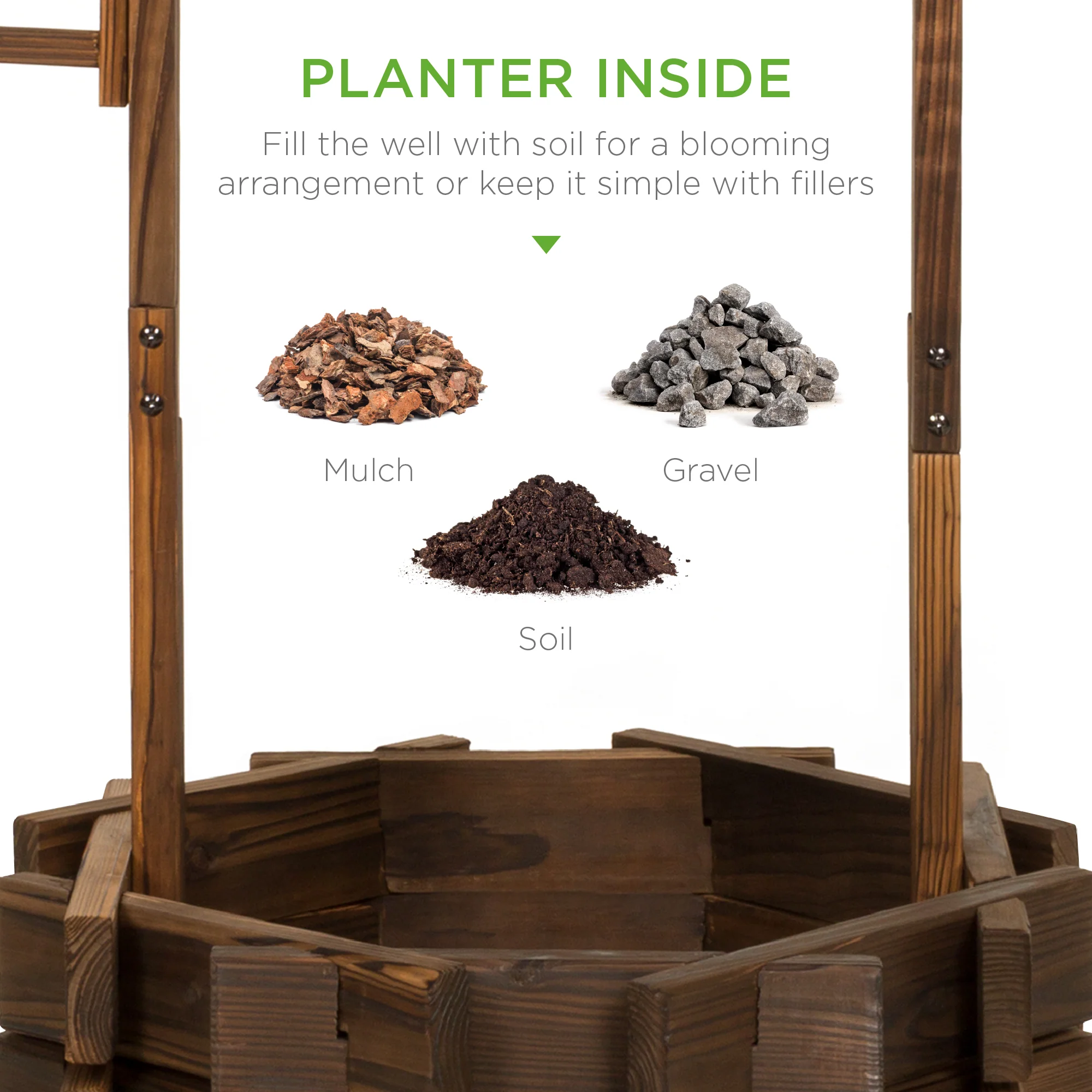 21.5" Rustic Wooden Wishing Well Planter Yard Decoration w/ Hanging Bucket - Image 11