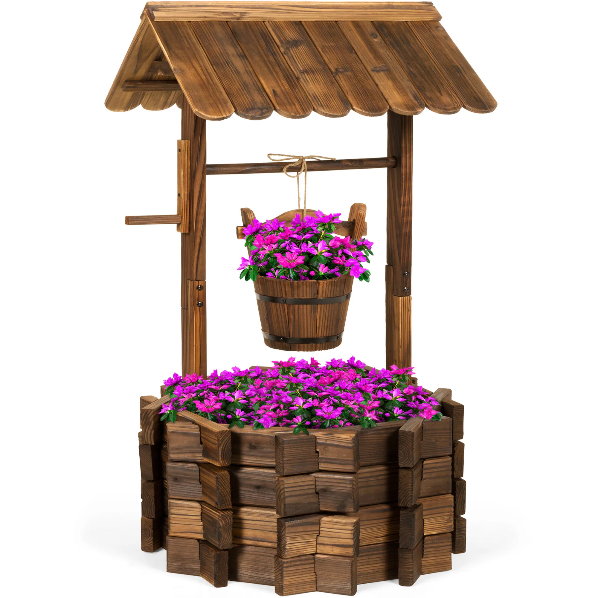 21.5" Rustic Wooden Wishing Well Planter Yard Decoration w/ Hanging Bucket - Image 7