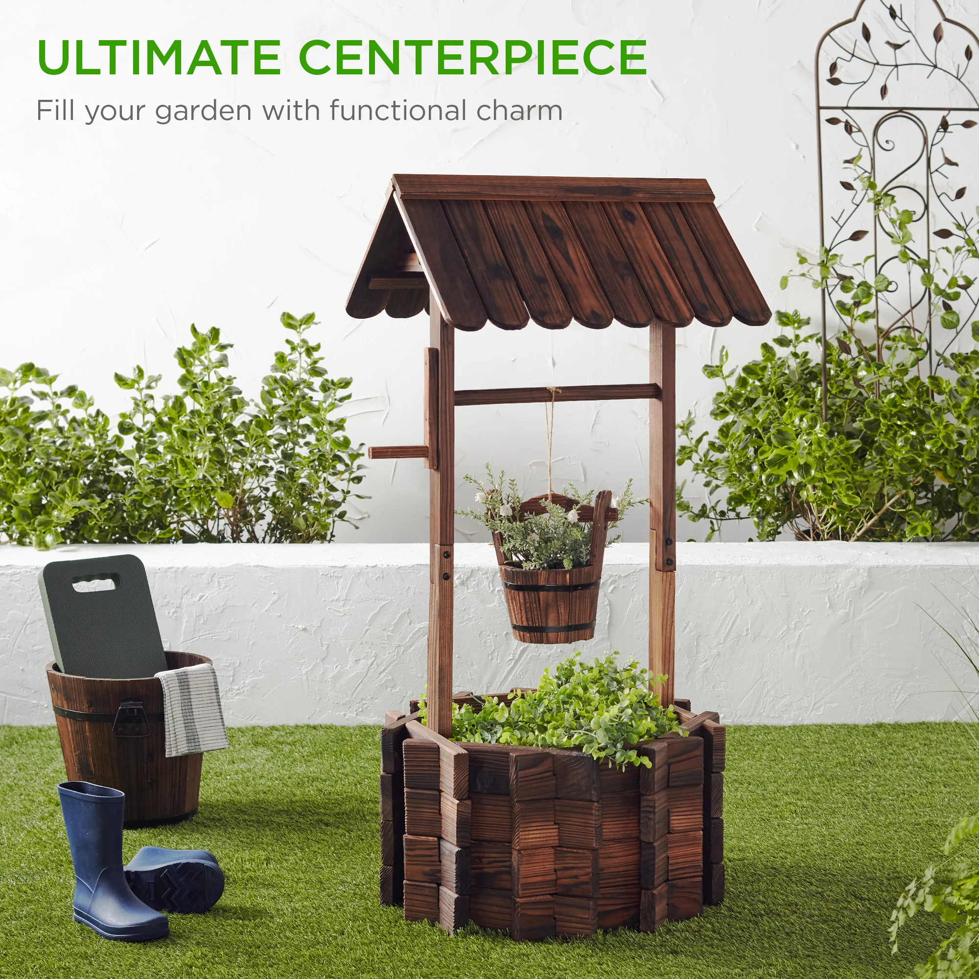21.5" Rustic Wooden Wishing Well Planter Yard Decoration w/ Hanging Bucket - Image 8