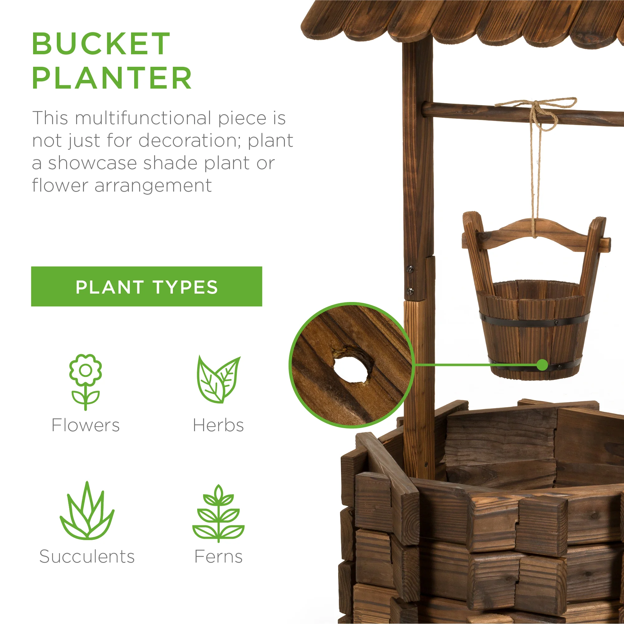 21.5" Rustic Wooden Wishing Well Planter Yard Decoration w/ Hanging Bucket - Image 9