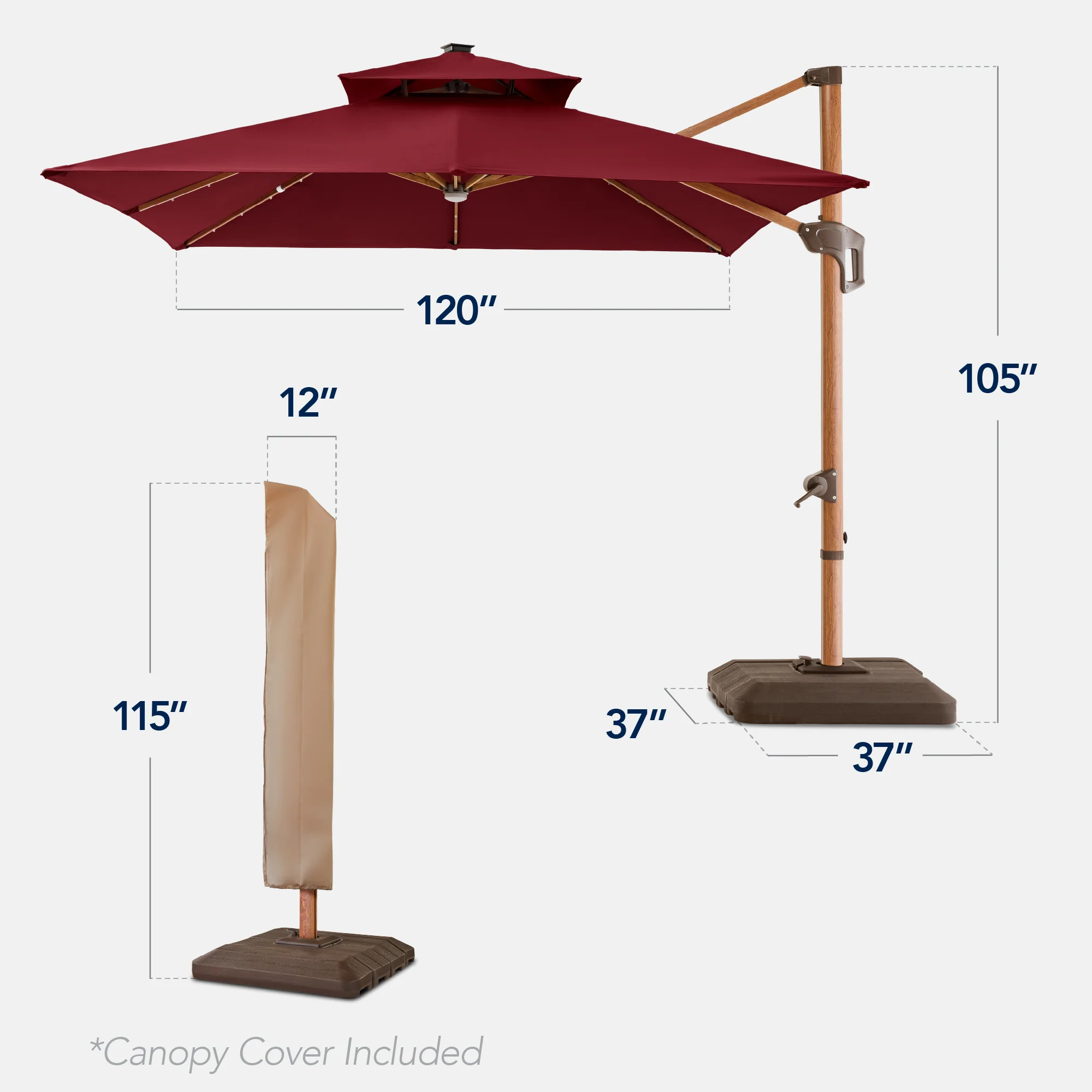 Woodgrain Pattern 2-Tier Outdoor Solar LED Cantilever Umbrella - 10x10ft - Image 34