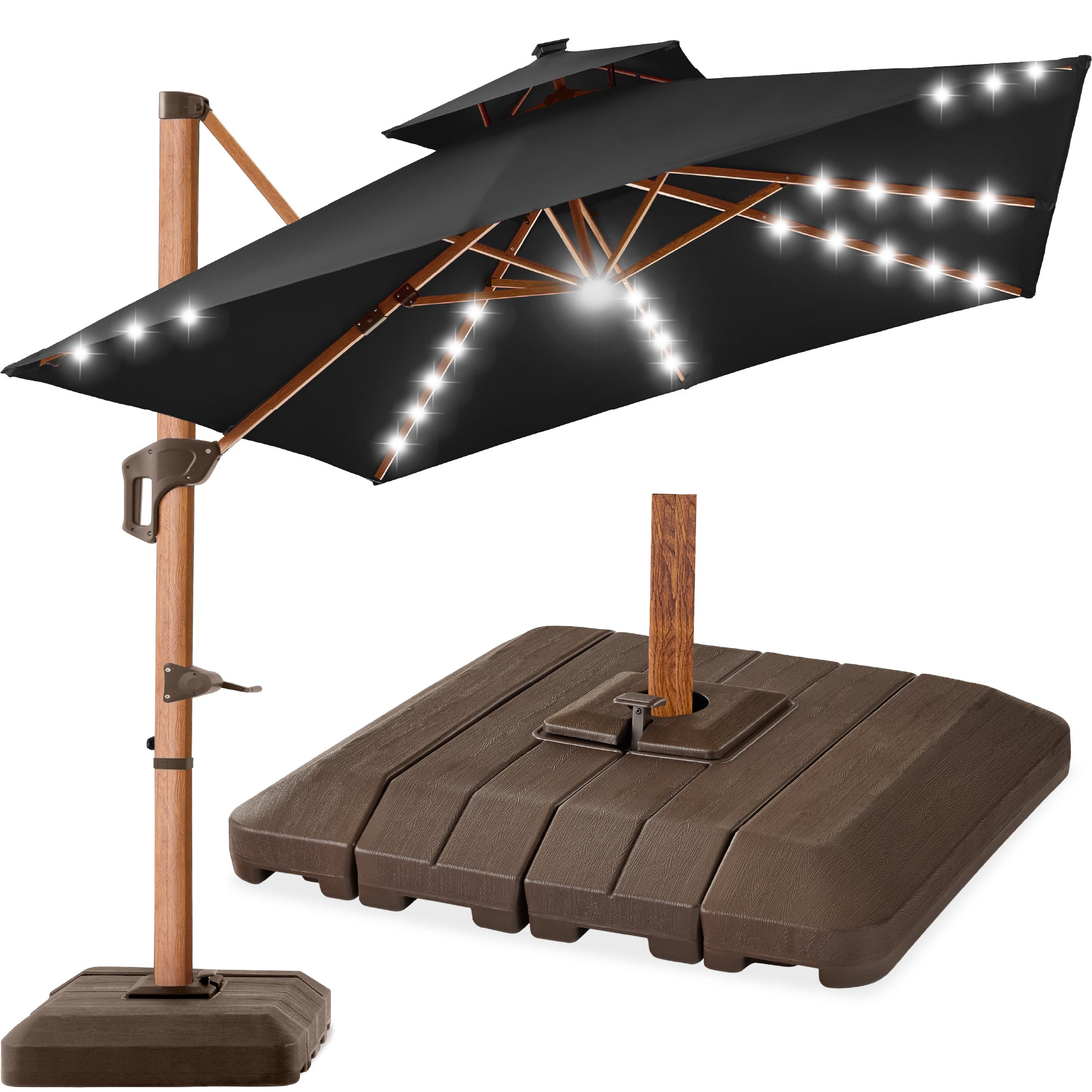 Woodgrain Pattern 2-Tier Outdoor Solar LED Cantilever Umbrella - 10x10ft - Image 57