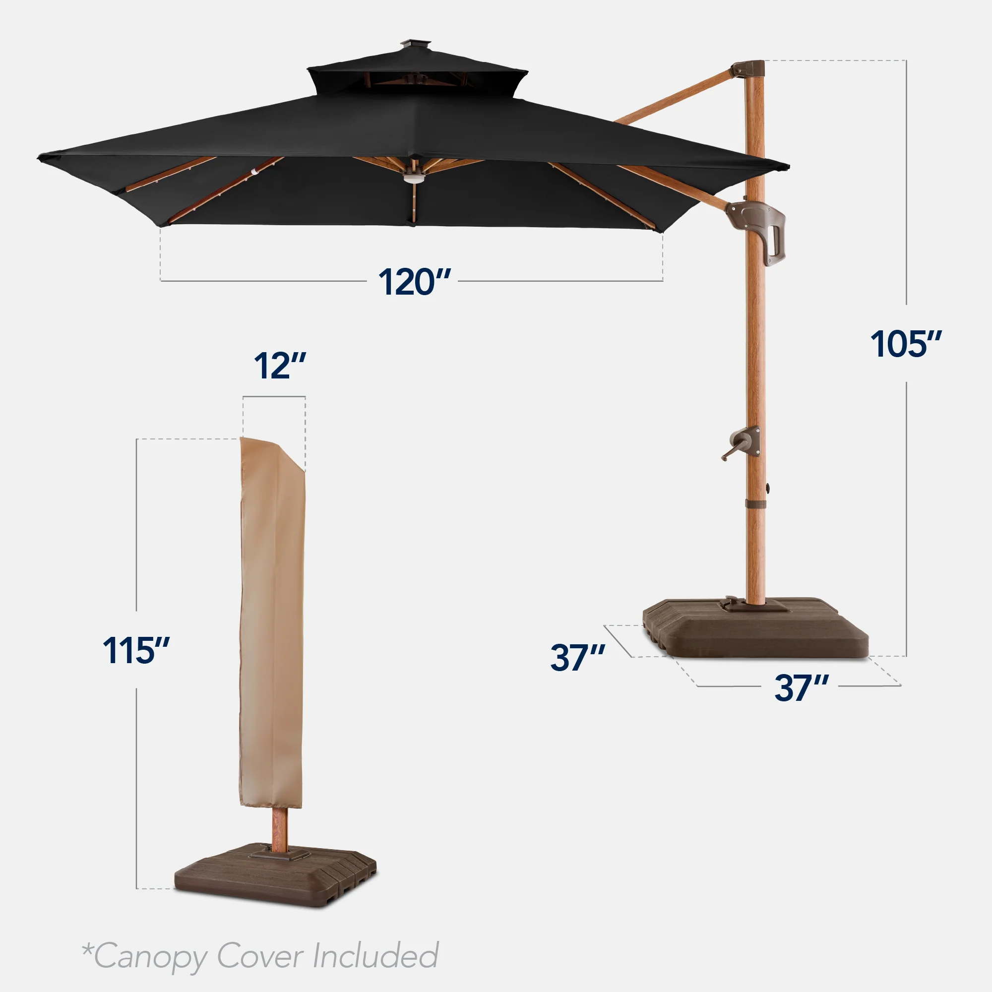 Woodgrain Pattern 2-Tier Outdoor Solar LED Cantilever Umbrella - 10x10ft - Image 58