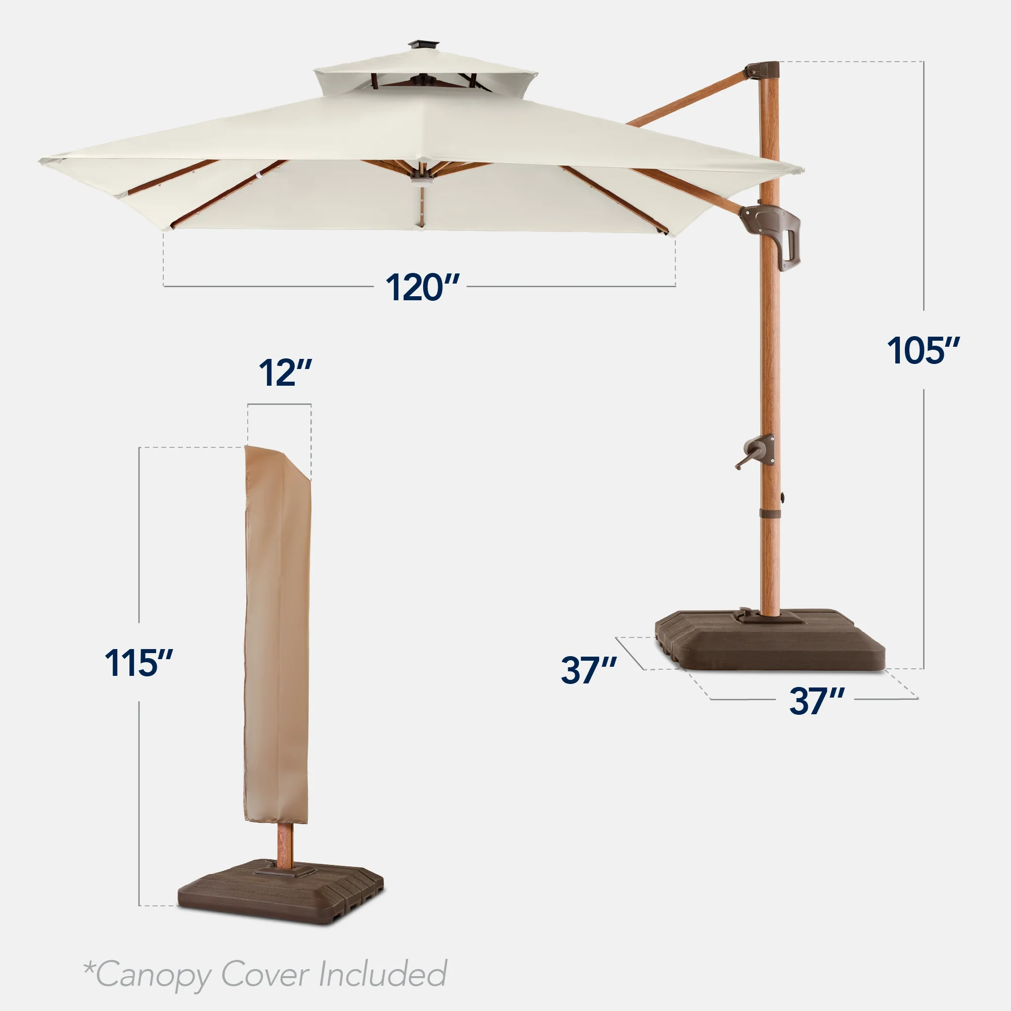 Woodgrain Pattern 2-Tier Outdoor Solar LED Cantilever Umbrella - 10x10ft - Image 66