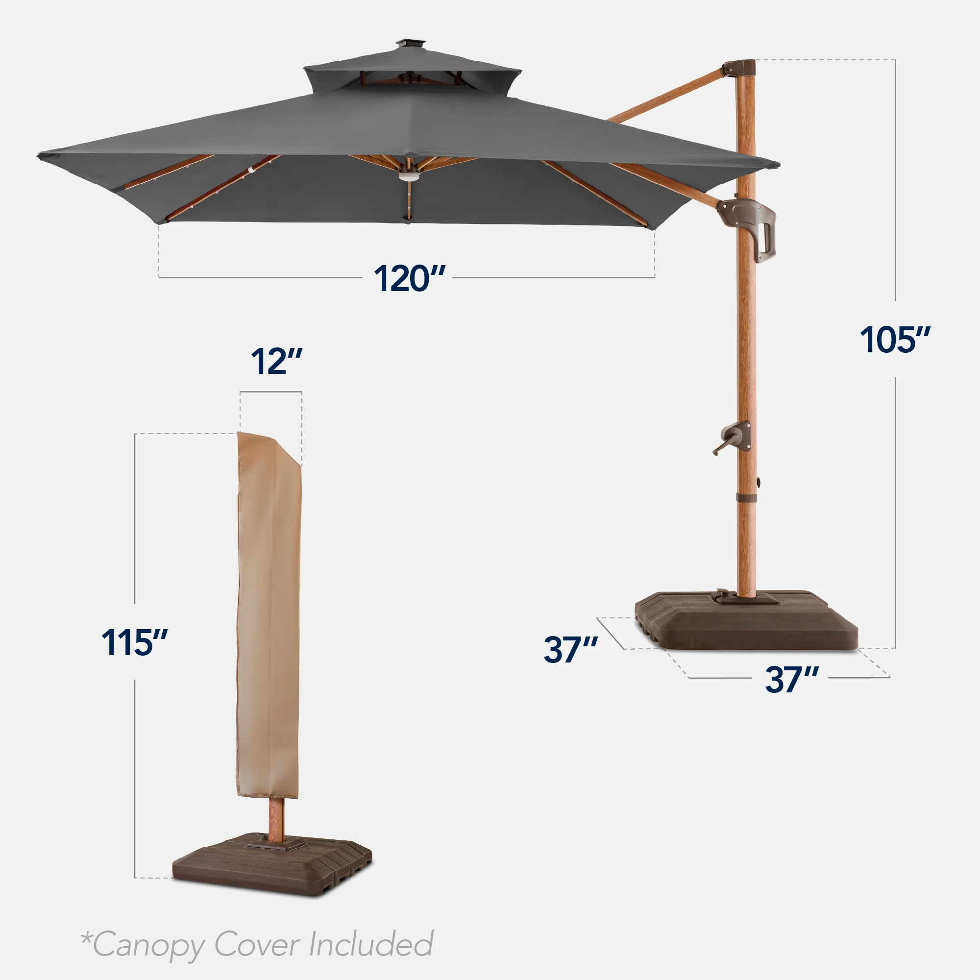 Woodgrain Pattern 2-Tier Outdoor Solar LED Cantilever Umbrella - 10x10ft - Image 74